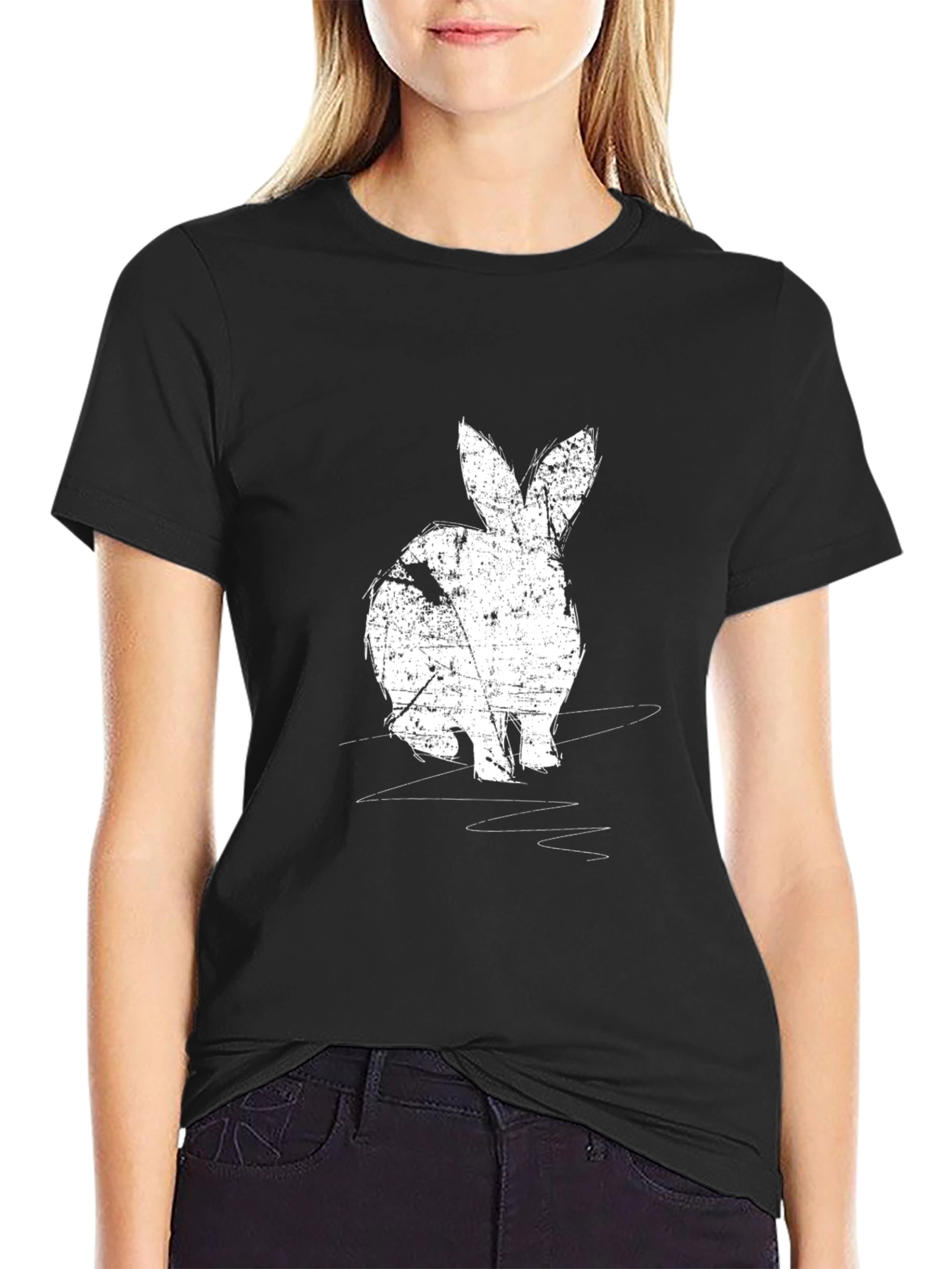 Black Rabbit Graphic Print Black Crewneck T-Shirt view 2