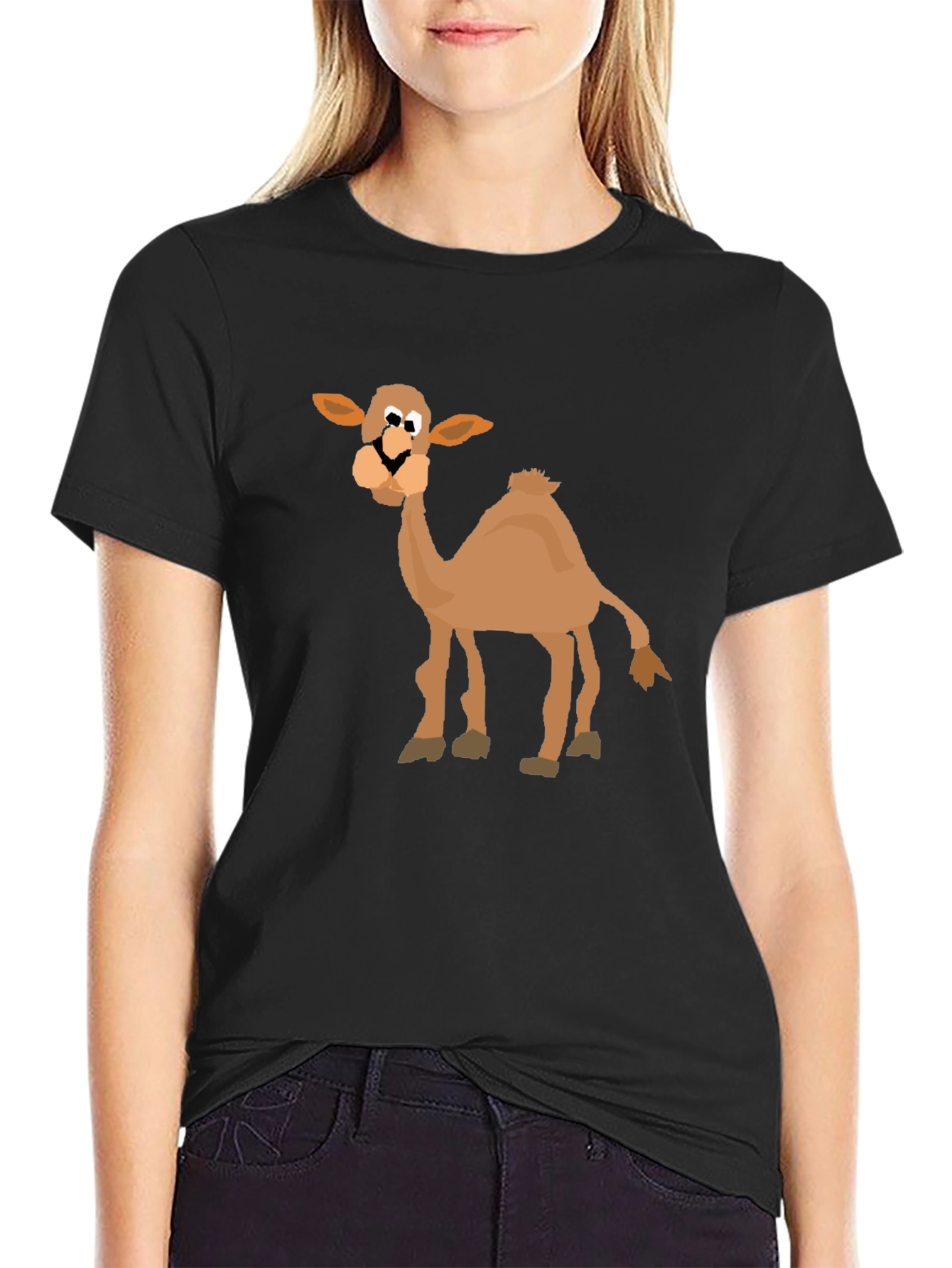 Black Cartoon Camel Graphic T-Shirt - Black Cotton Blend view 2