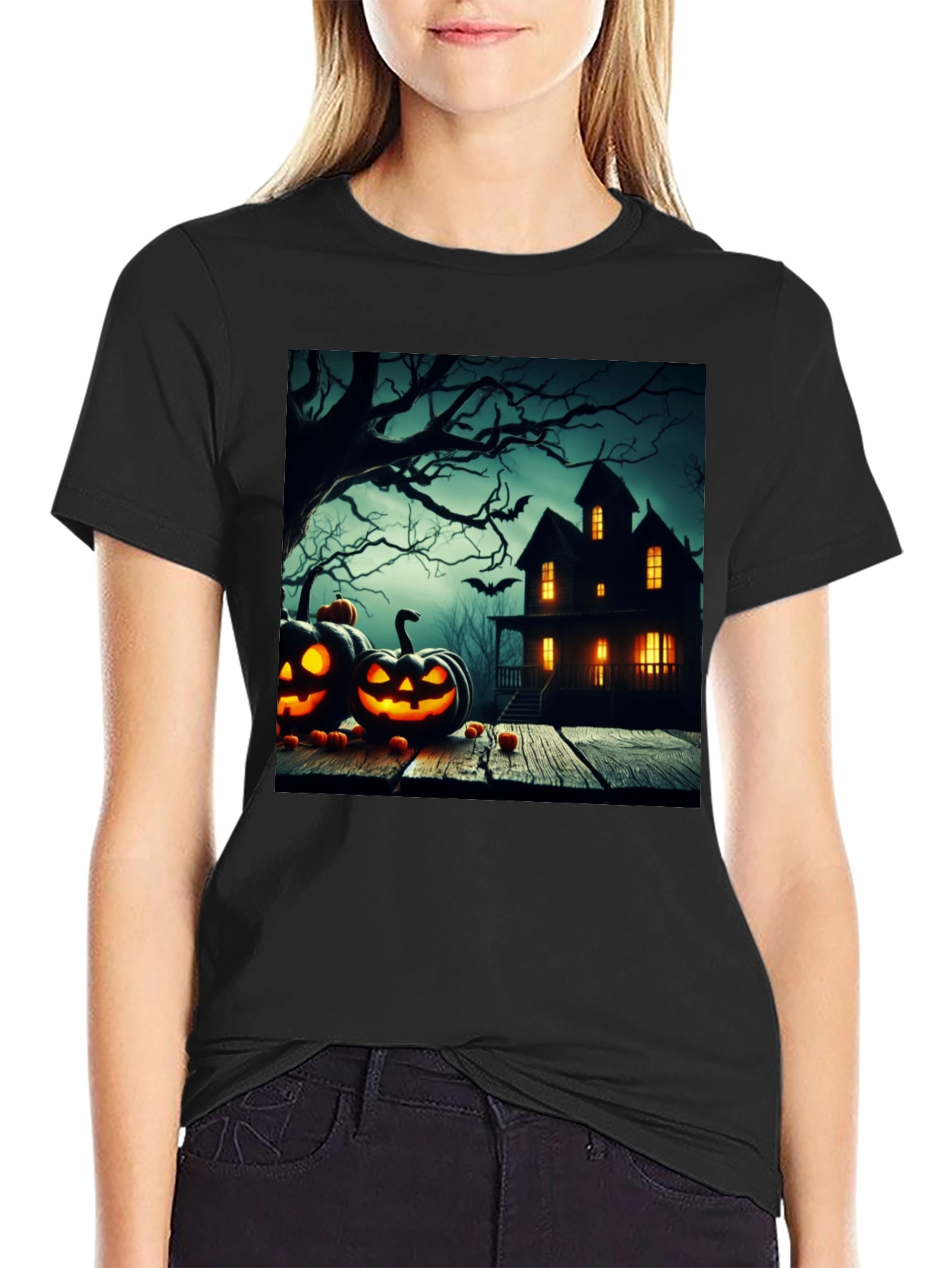 Black Halloween Haunted House T-Shirt view 2