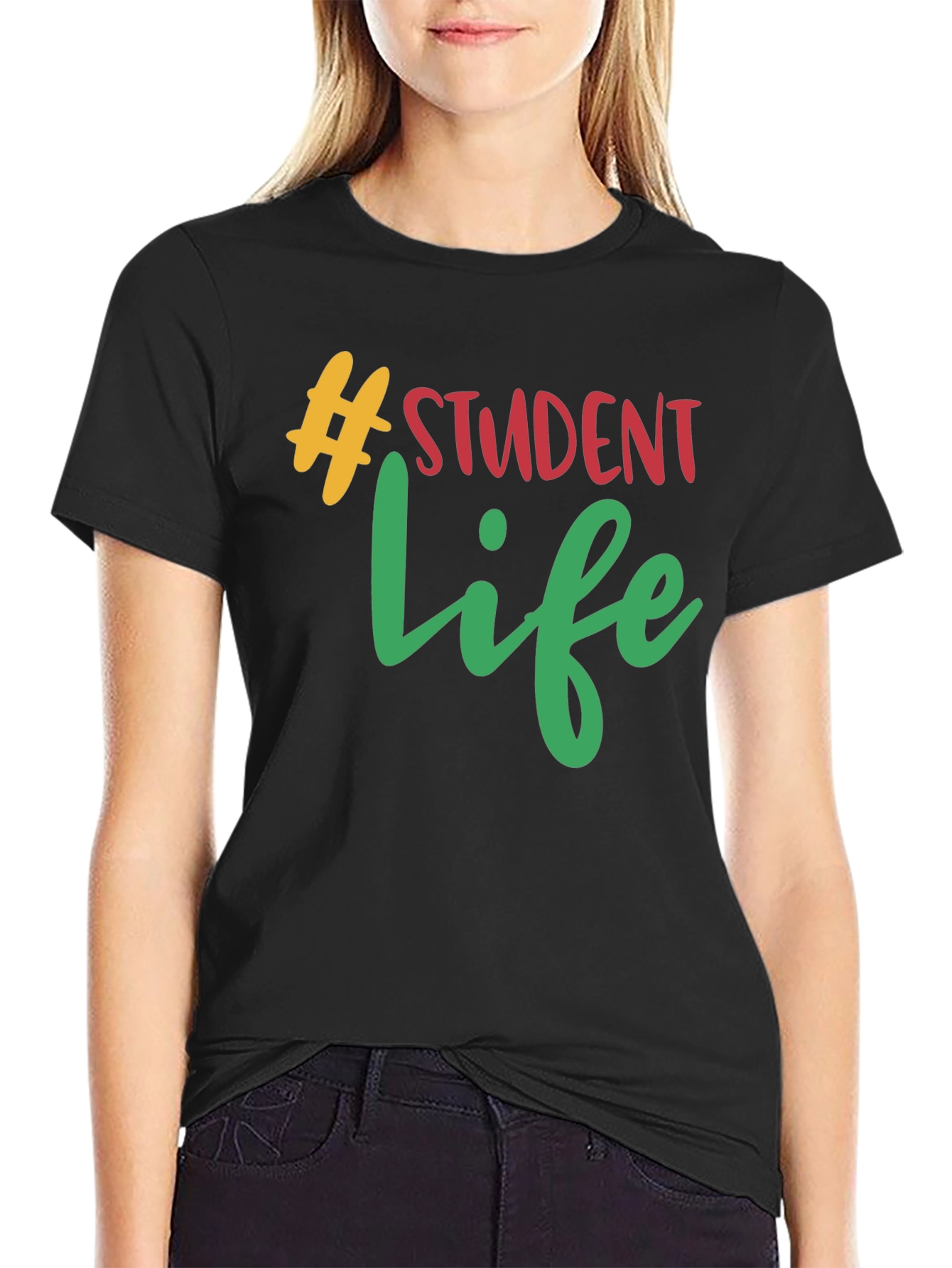 Black Student Life Graphic Tee - Black Cotton T-Shirt view 2