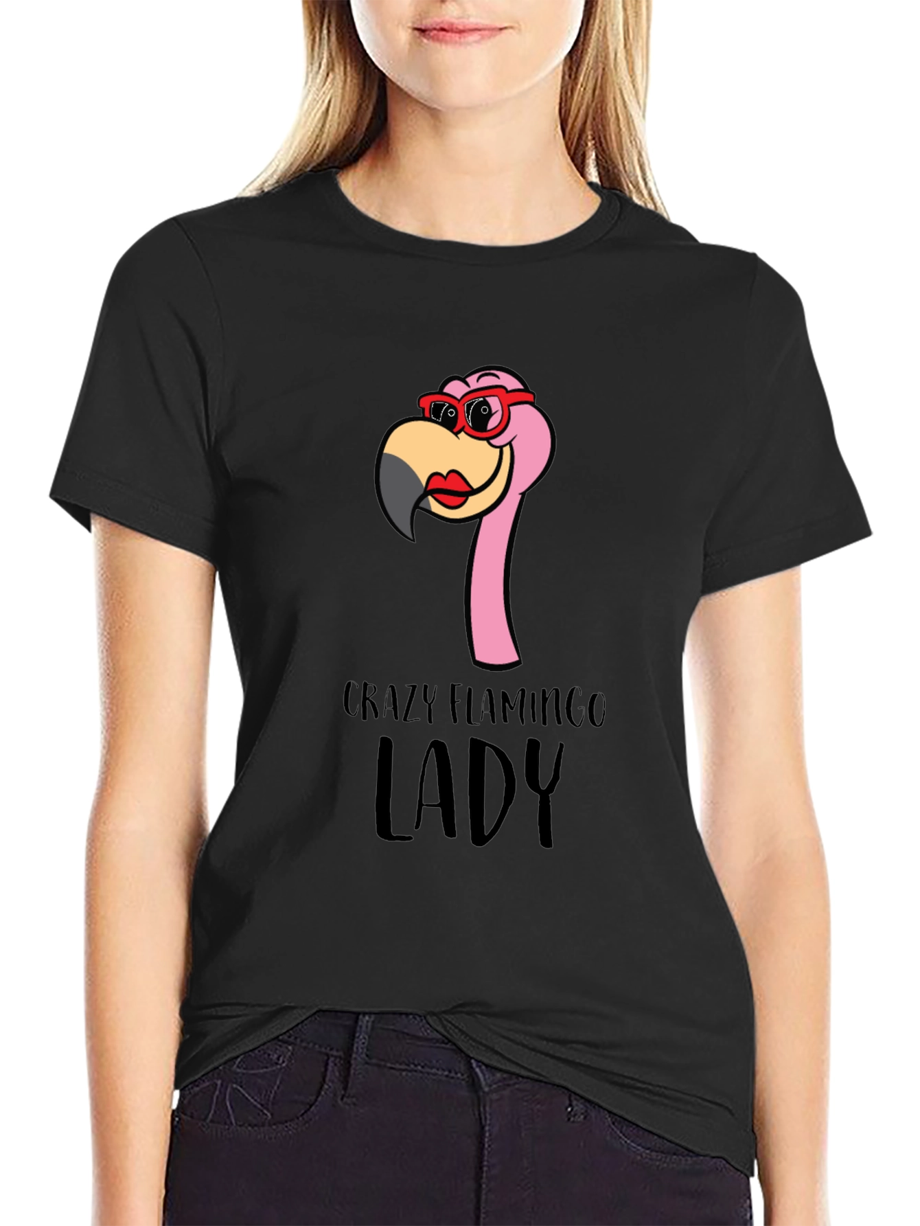 Black Crazy Flamingo Lady T-Shirt - Fun Novelty Tee view 2