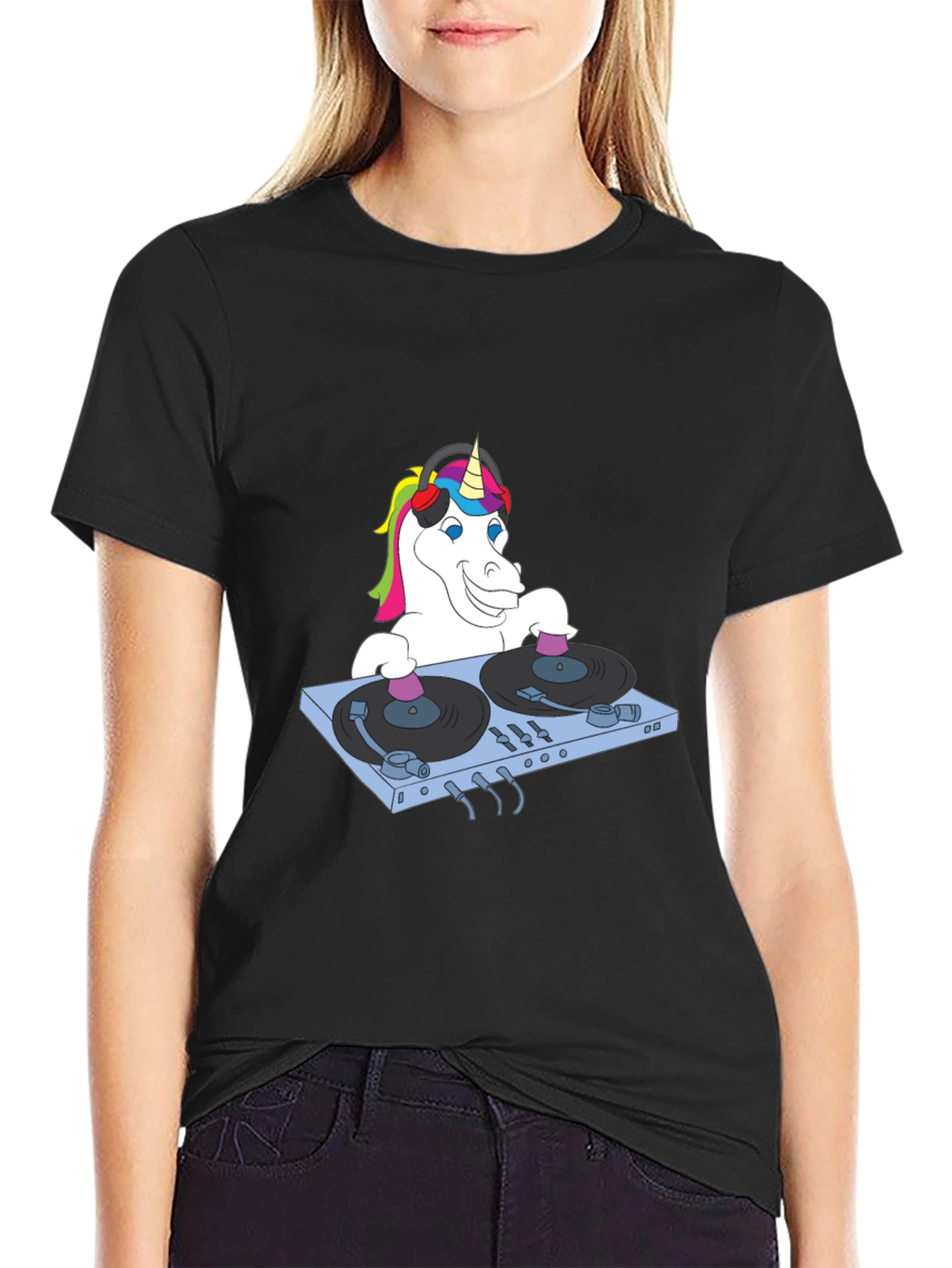 Black DJ Unicorn Graphic T-Shirt - Funky Music Lover Tee view 2
