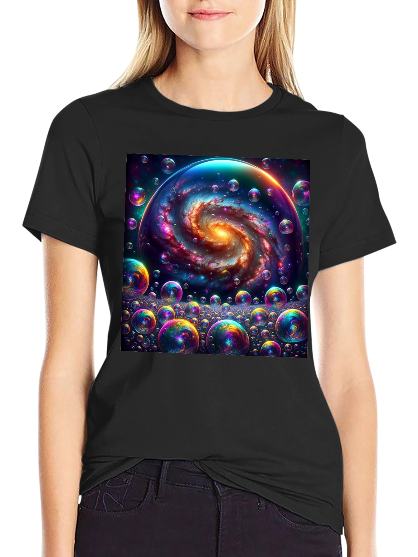 Black Galaxy Bubbles Graphic Tee - Cosmic Style view 2