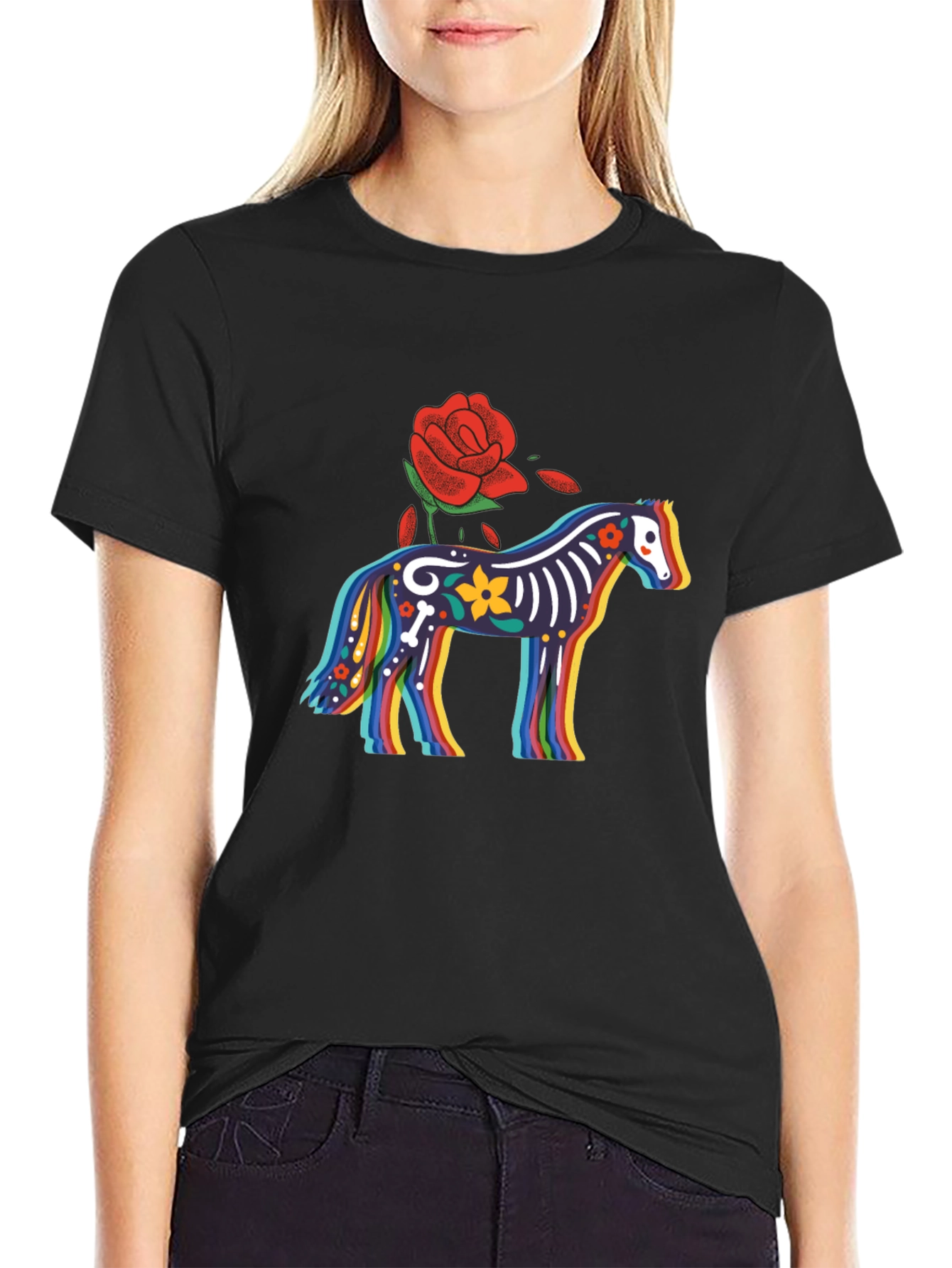 Black Colorful Calavera Horse Graphic Tee view 2