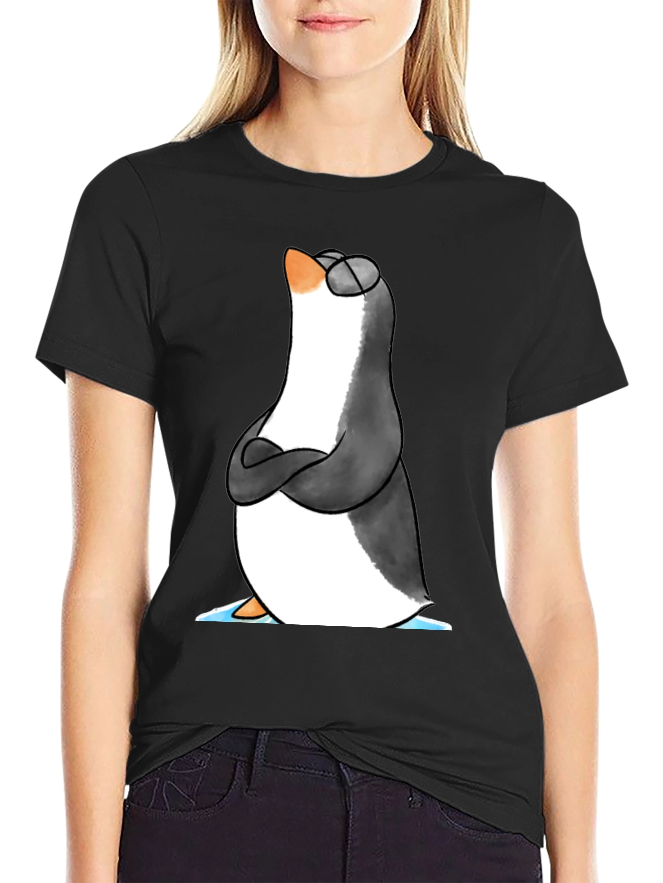 Black Cool Penguin Graphic Tee - Black Cotton T-Shirt view 2