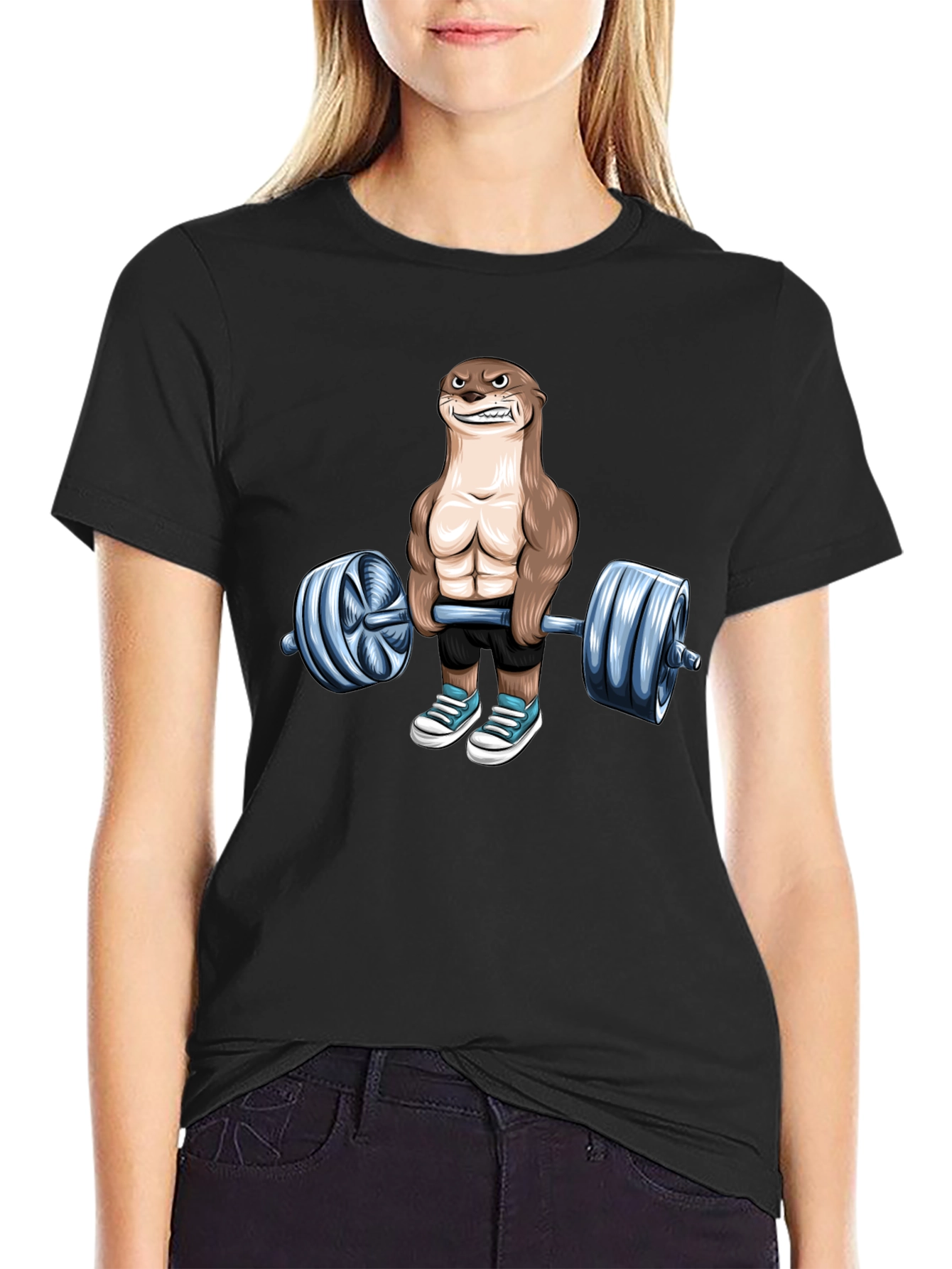 Black Funny Otter Lifting Weights T-Shirt Gym Lover view 2