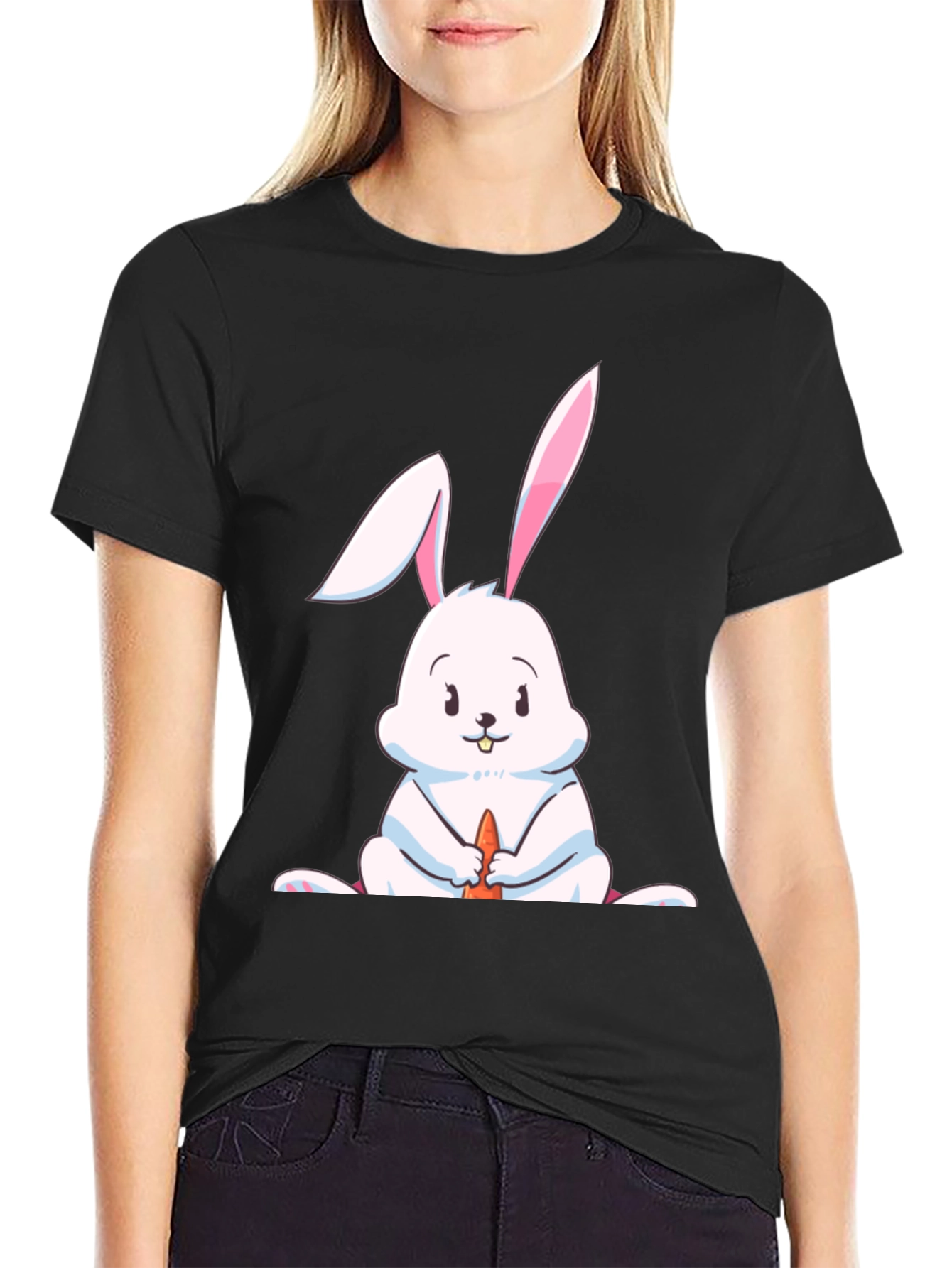 Black Cute Rabbit Graphic Tee - Black Cotton Blend view 2