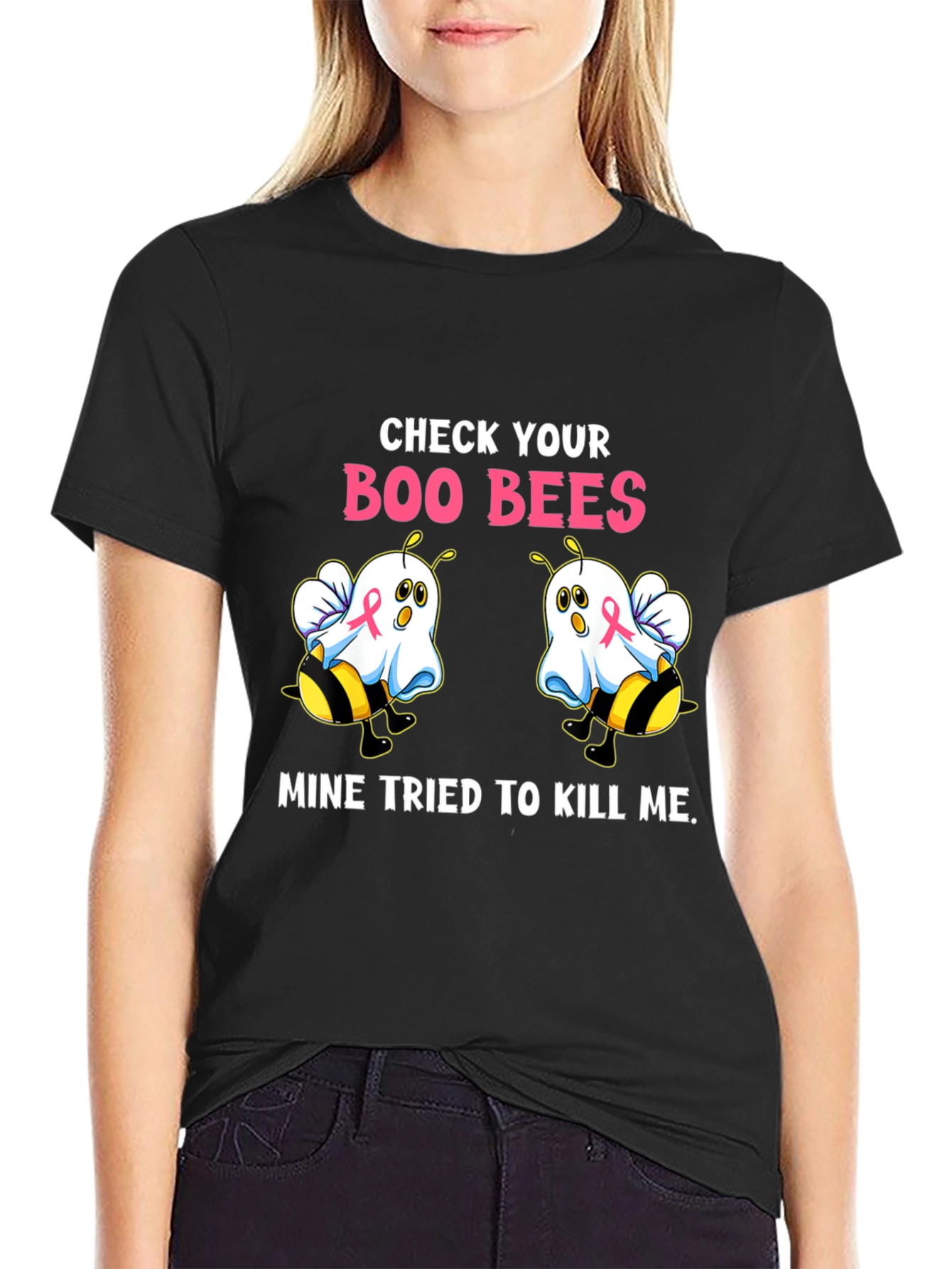 Black Boo Bees T-Shirt Breast Cancer Awareness Halloween Tee view 2