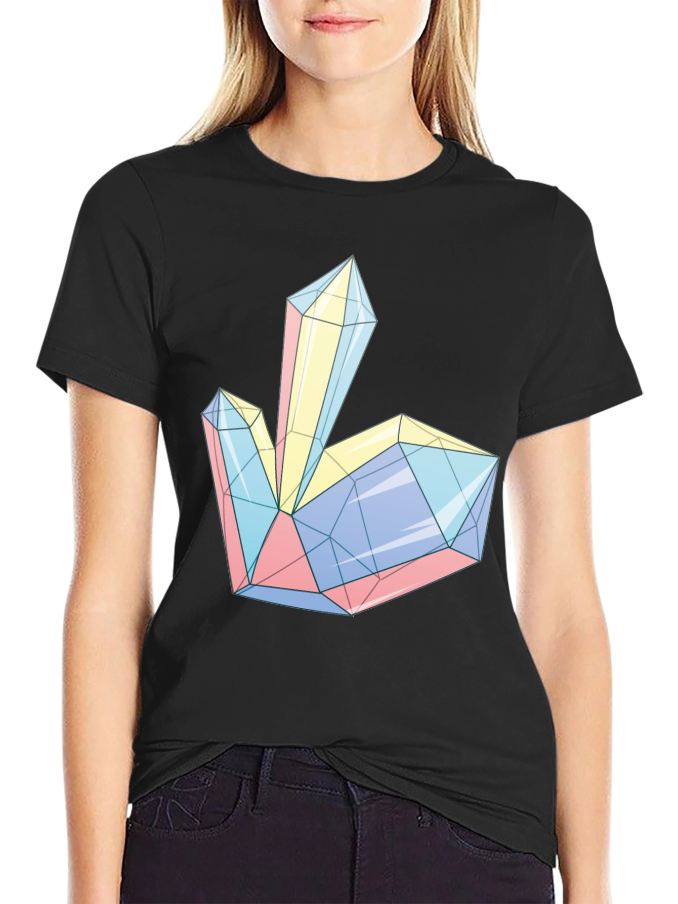 Black Geometric Crystal Print Tee - Modern Style view 2