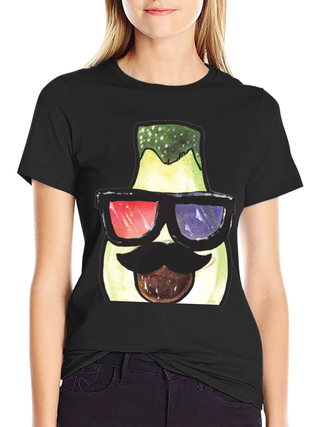 Black Funny Avocado 3D Glasses Graphic T-Shirt view 2
