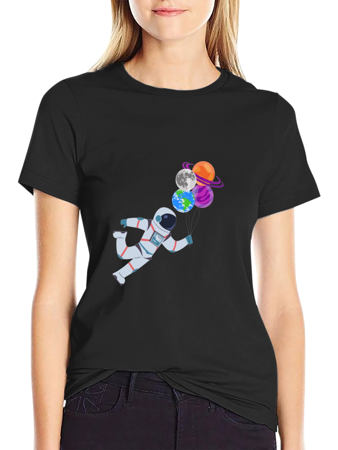 Black Astronaut & Planet Balloons Graphic T-Shirt view 2