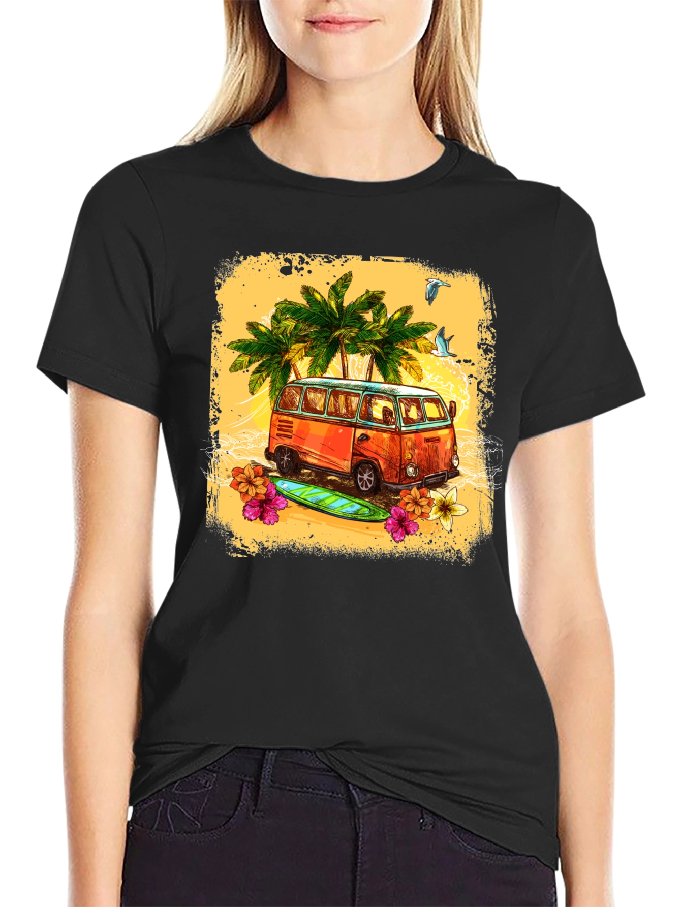 Black Retro Beach Van Graphic Tee view 2
