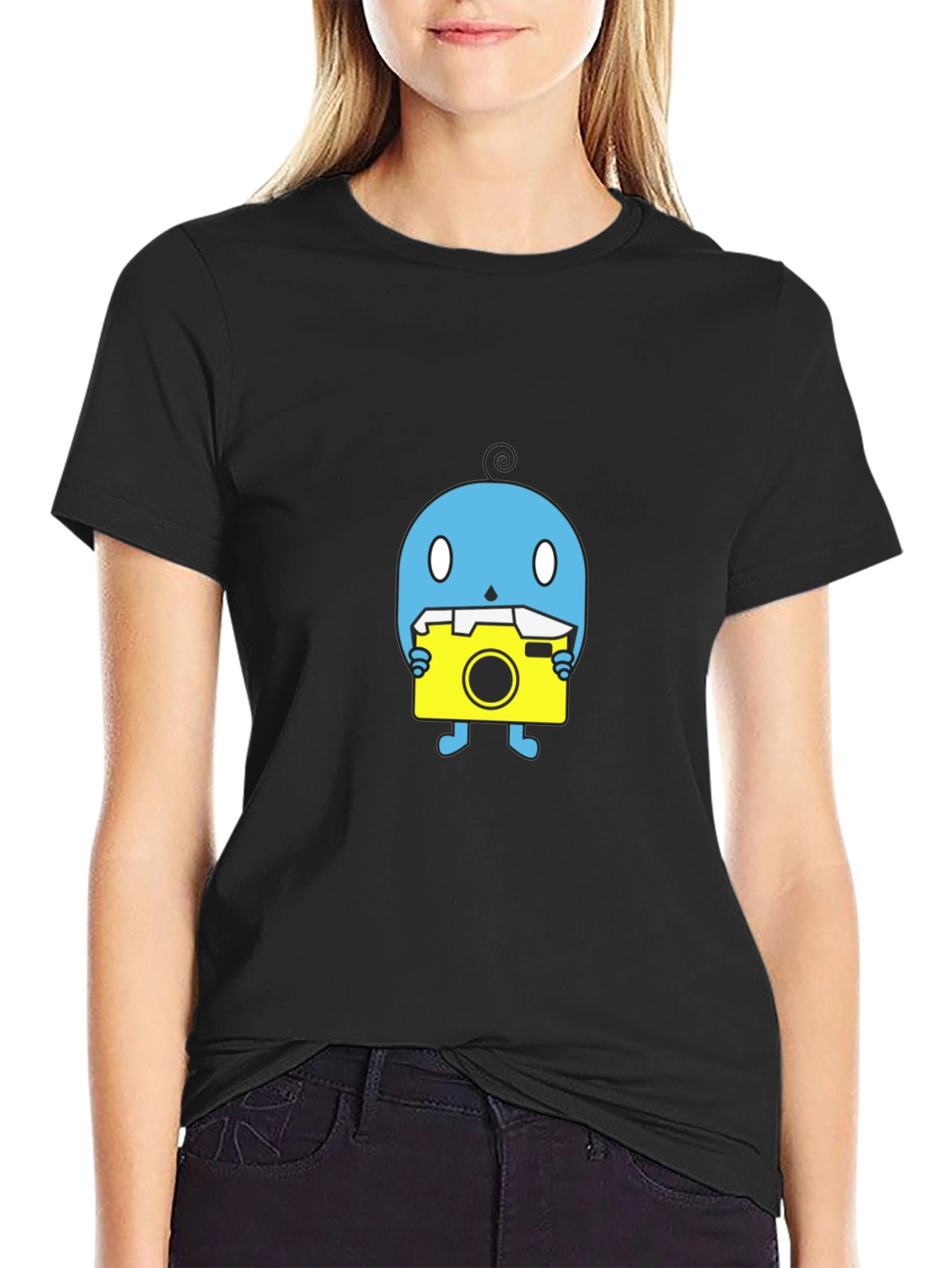 Black Funky Blue Creature with Camera Black T-Shirt view 2