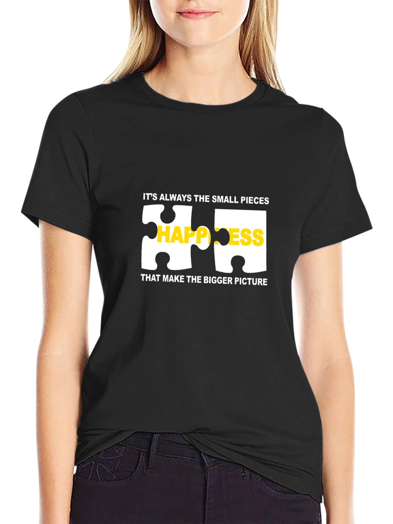 Black Happiness Puzzle Piece Graphic T-Shirt - Black view 2