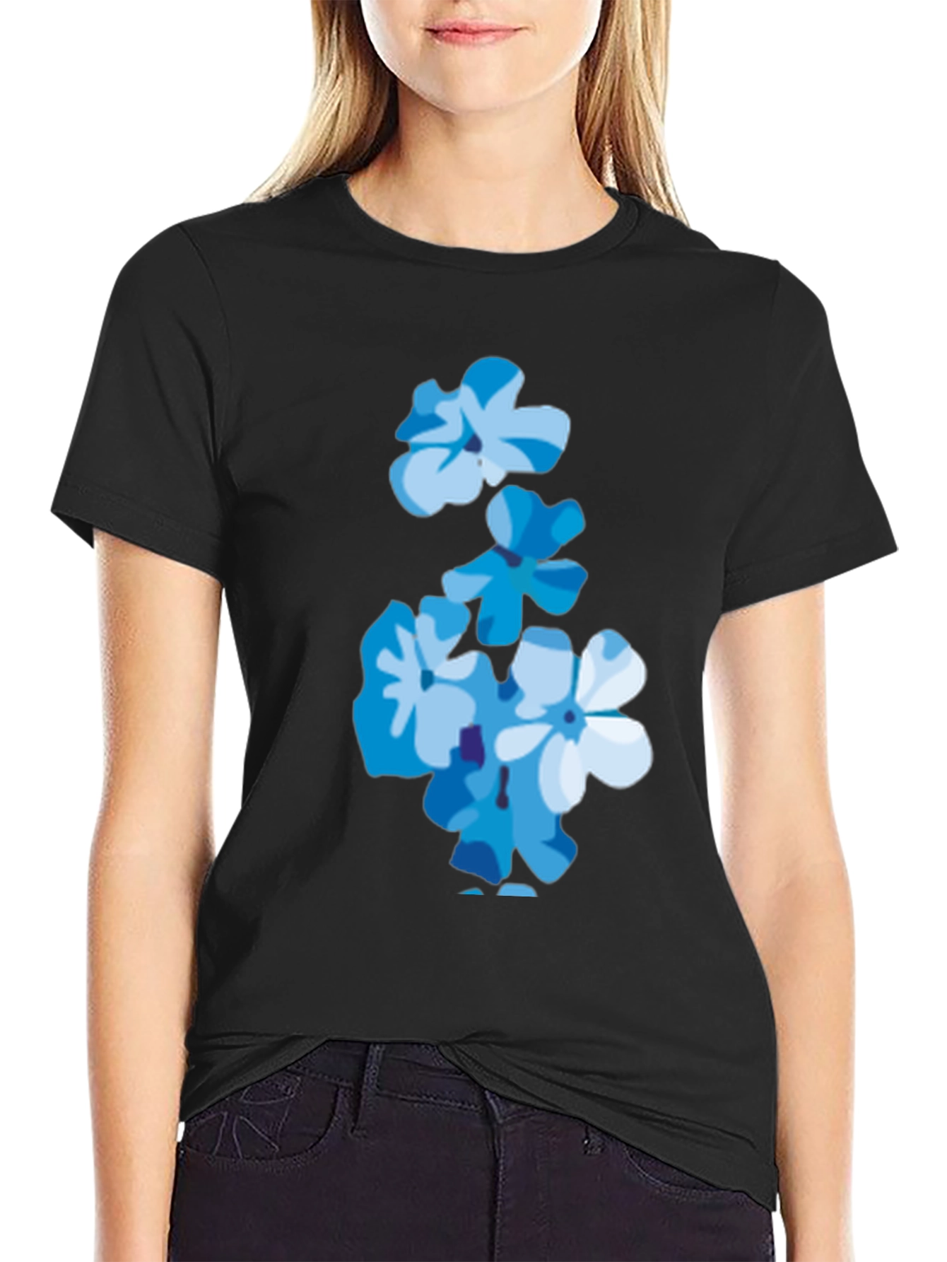 Black Floral Print Tee - Trendy Blue Flower T-Shirt view 2