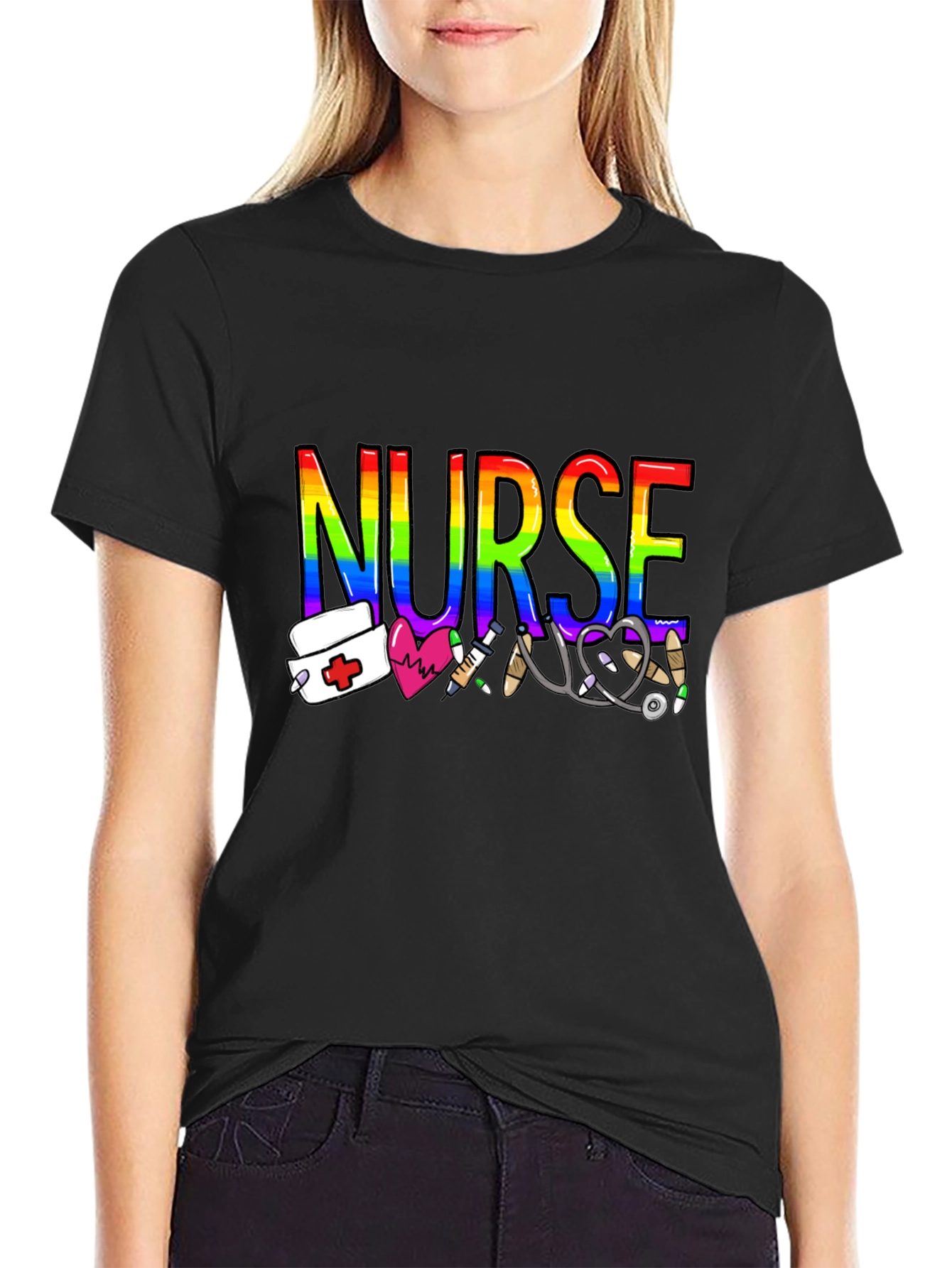 Black Rainbow Nurse Graphic T-Shirt - Medical Pride Tee view 2