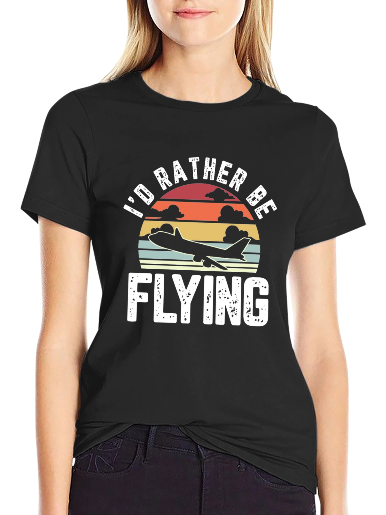 Black I'd Rather Be Flying Retro T-Shirt - Pilot Aviation Gift view 2