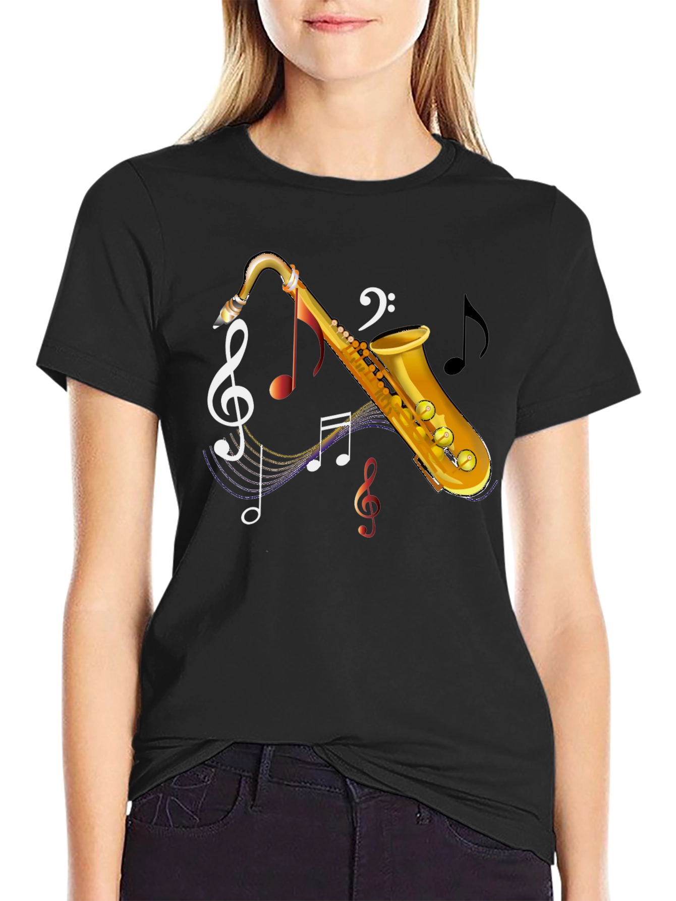 Black Saxophone Music Notes Graphic T-Shirt view 2