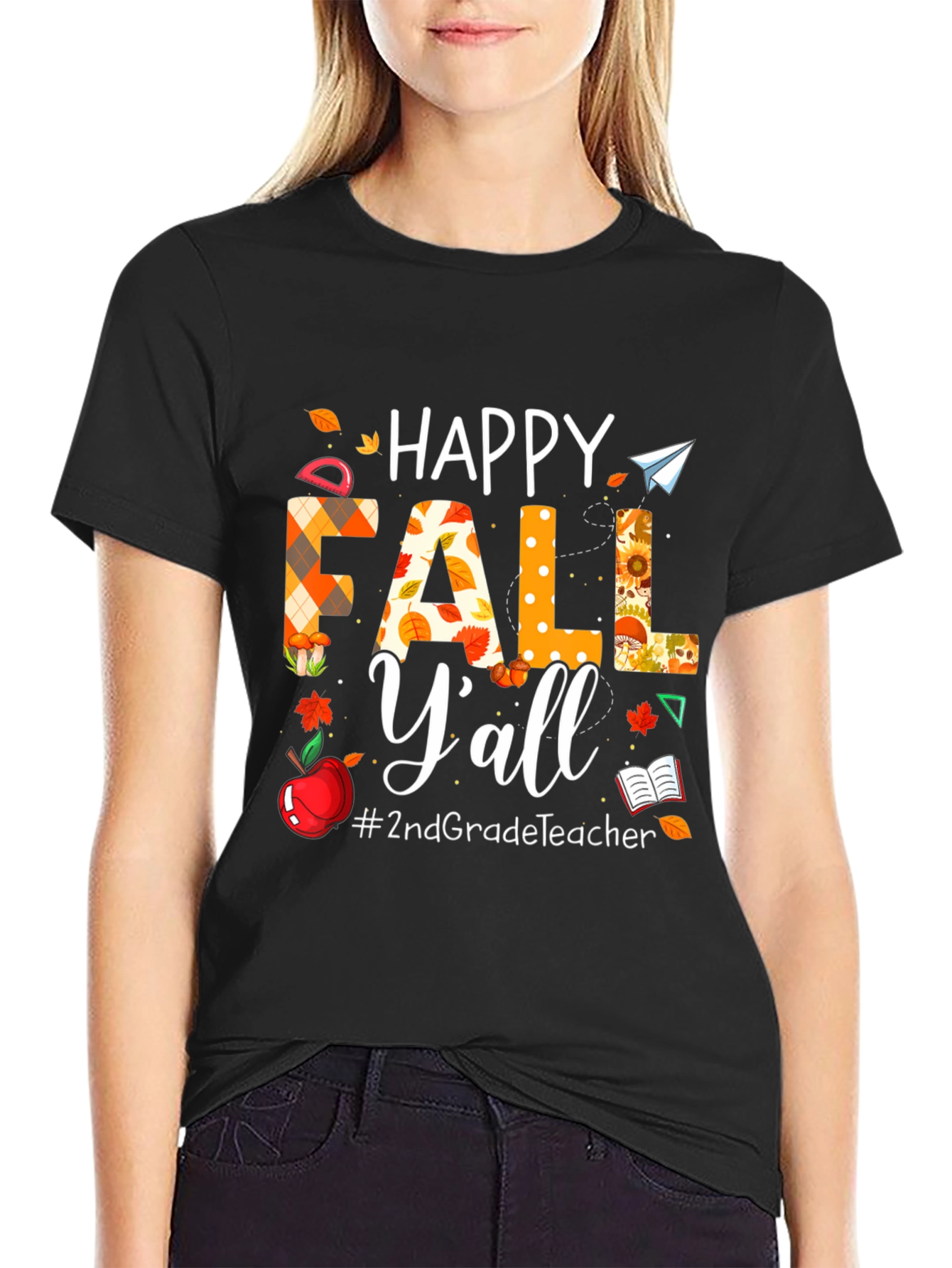 Black Happy Fall Y'all Teacher T-Shirt view 2