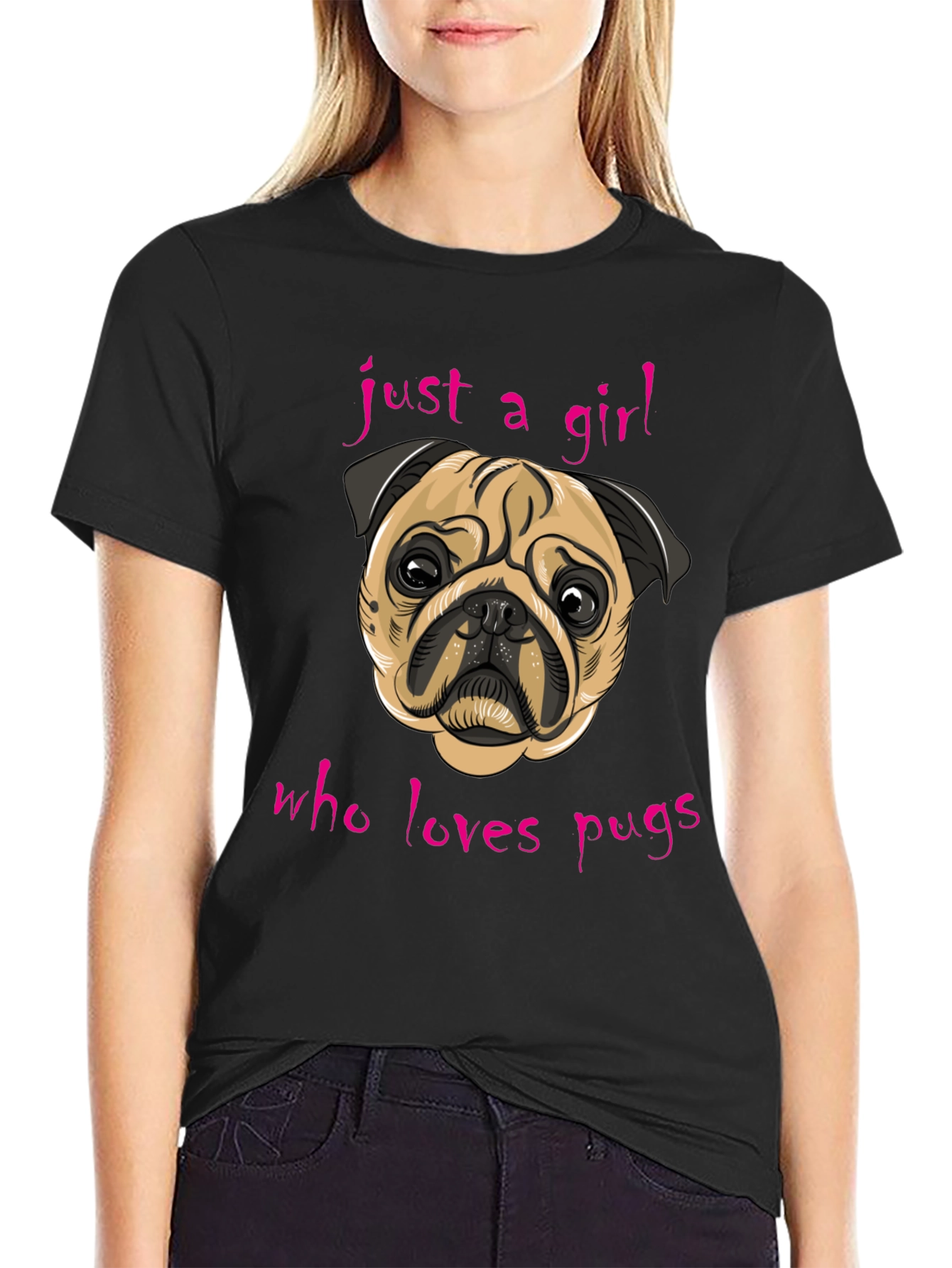 Black Just A Girl Who Loves Pugs - Graphic Tee view 2