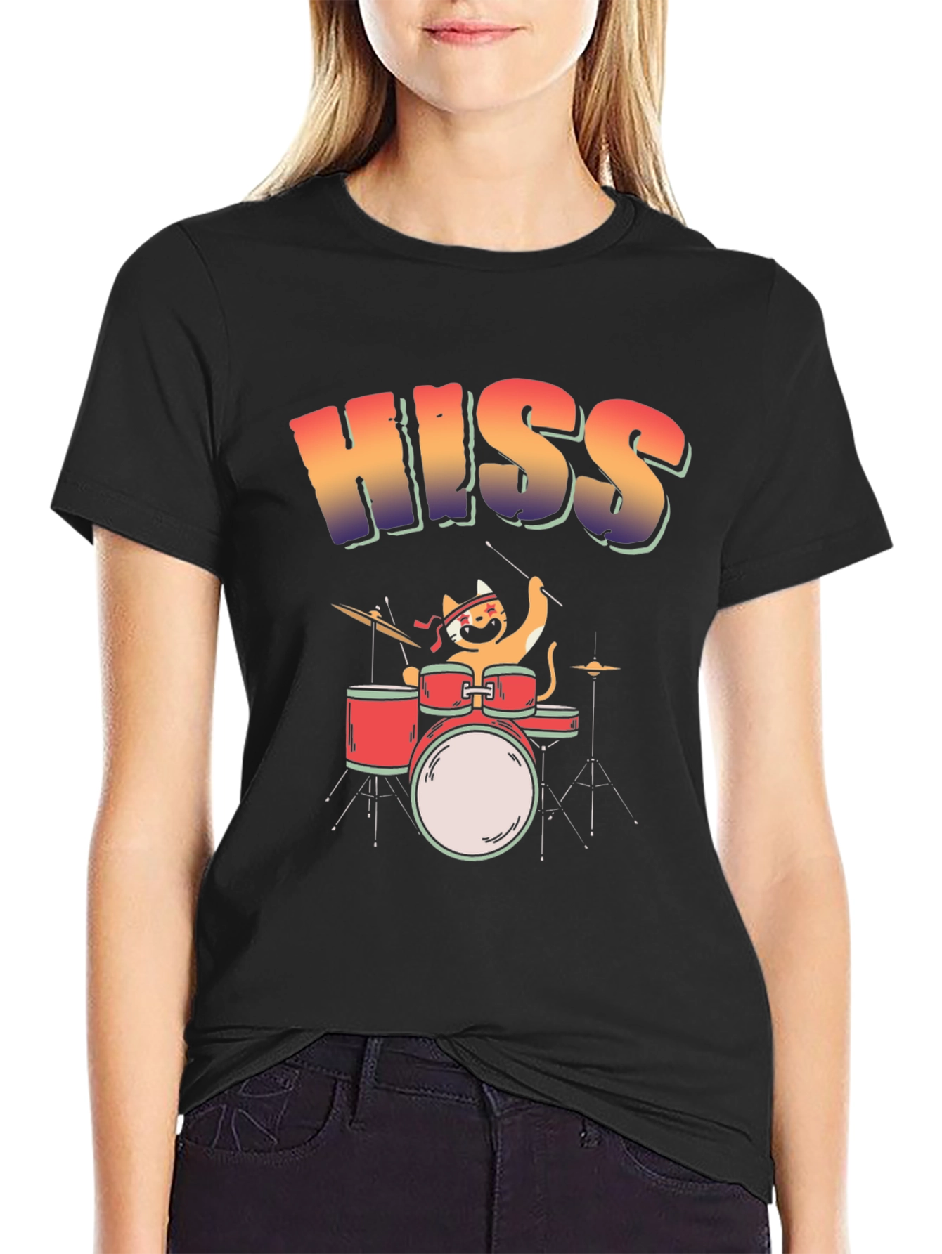 Black HISS Cat Drummer T-Shirt - Rock On! view 2