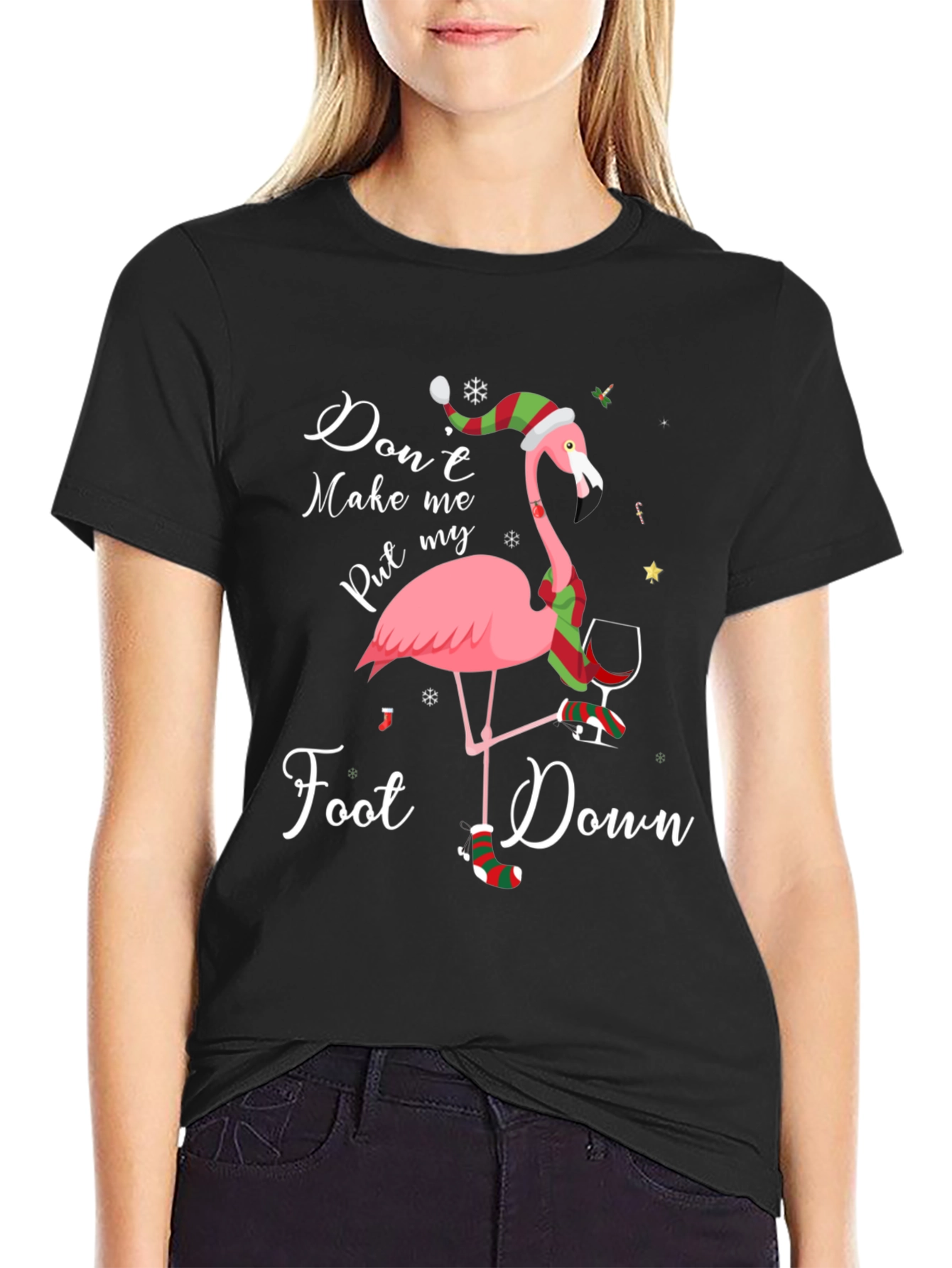 Black Funny Flamingo Christmas T-Shirt: Don't Make Me Put My Foot Down view 2