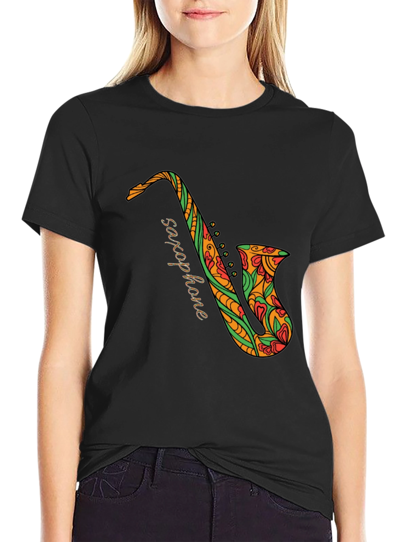 Black Black Saxophone Floral Graphic Tee view 2