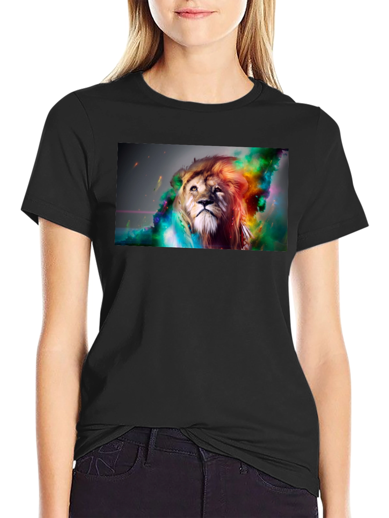 Black Lion Art Graphic Print Black T-Shirt view 2