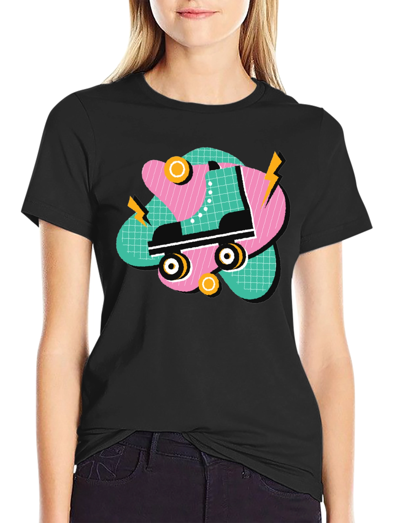 Black Retro Roller Skate Graphic Tee - 80s Style T-Shirt view 2