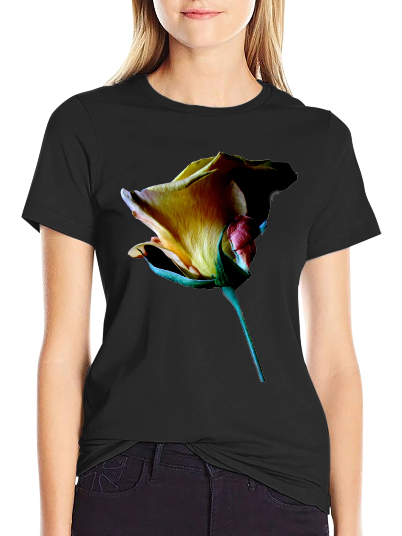 Black Rose Graphic Tee - Elegant Floral Design view 2