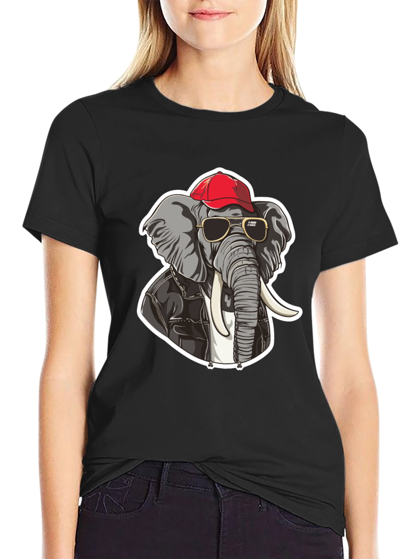 Black Cool Elephant Tee: Biker Style Cartoon Graphic T-Shirt view 2
