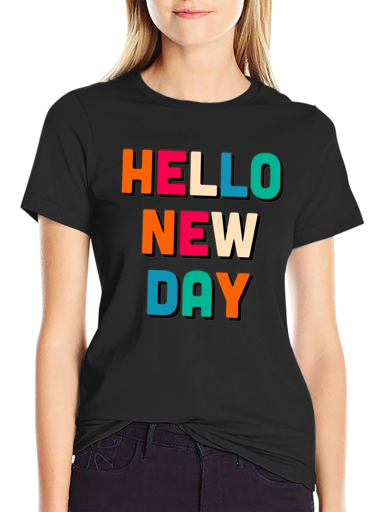 Black Hello New Day Graphic Tee - Unisex Black Cotton T-Shirt view 2