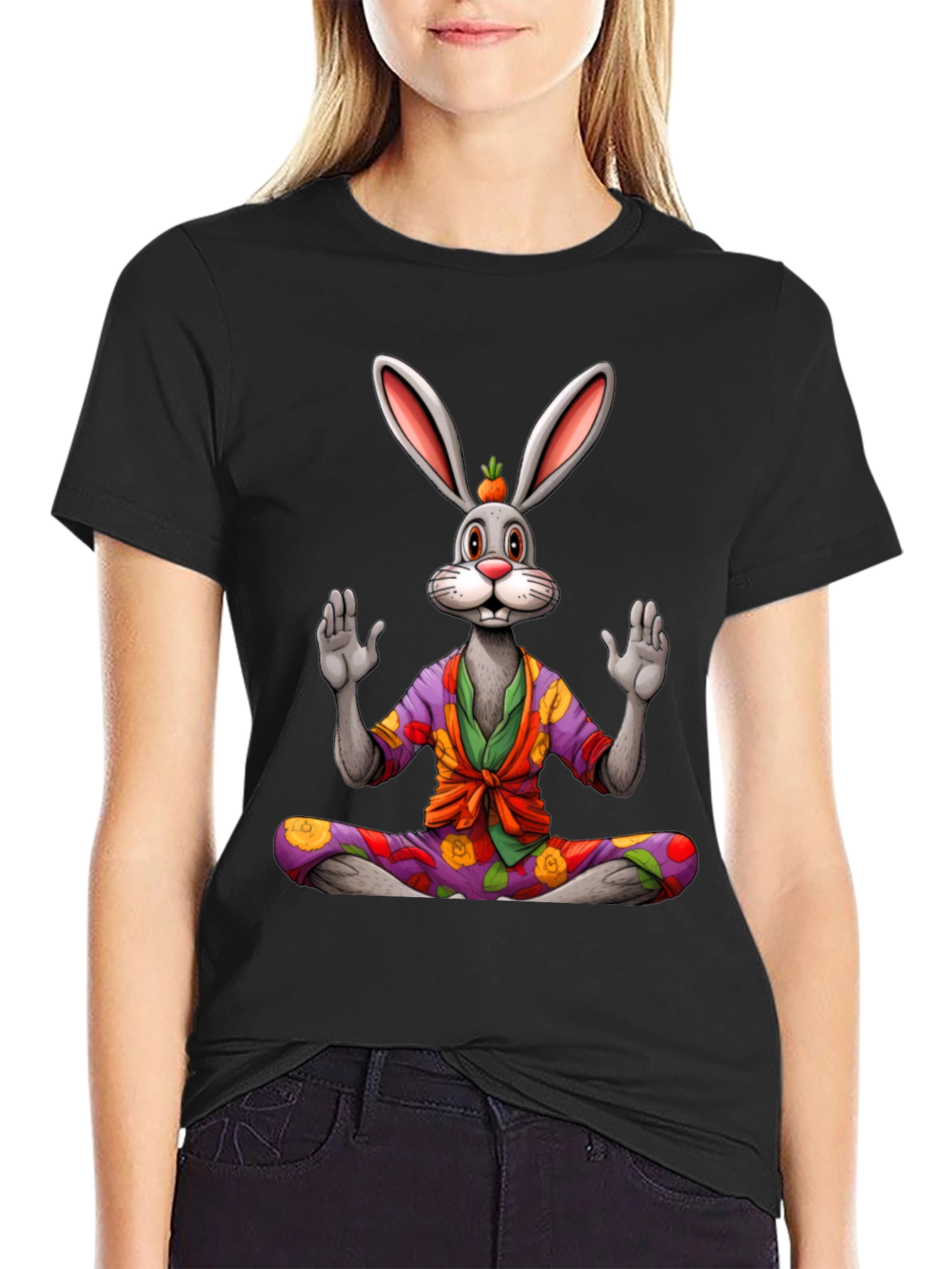 Black Zen Rabbit Graphic Tee - Meditating Hare Shirt view 2
