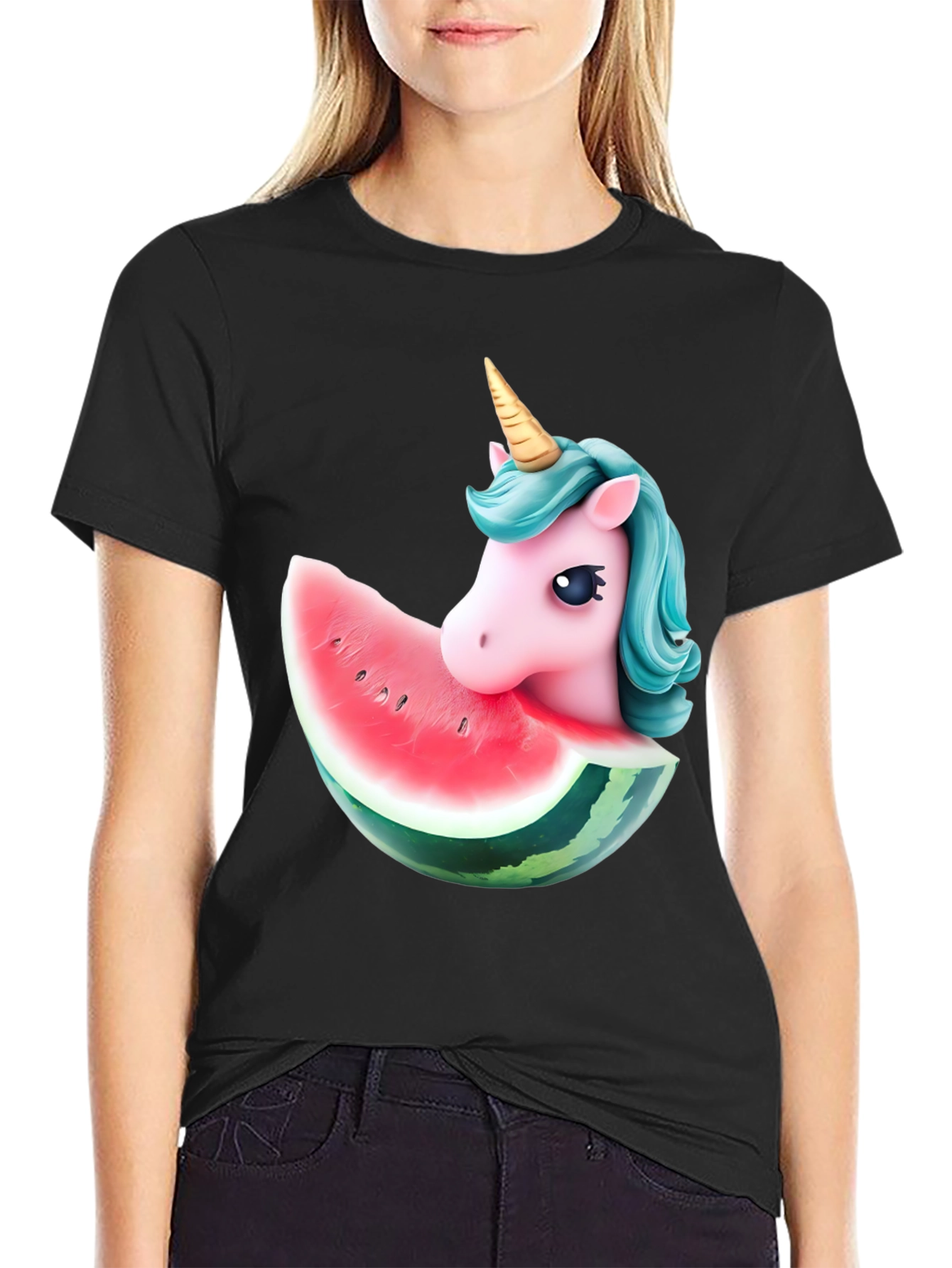 Black Unicorn Watermelon Graphic T-Shirt view 2