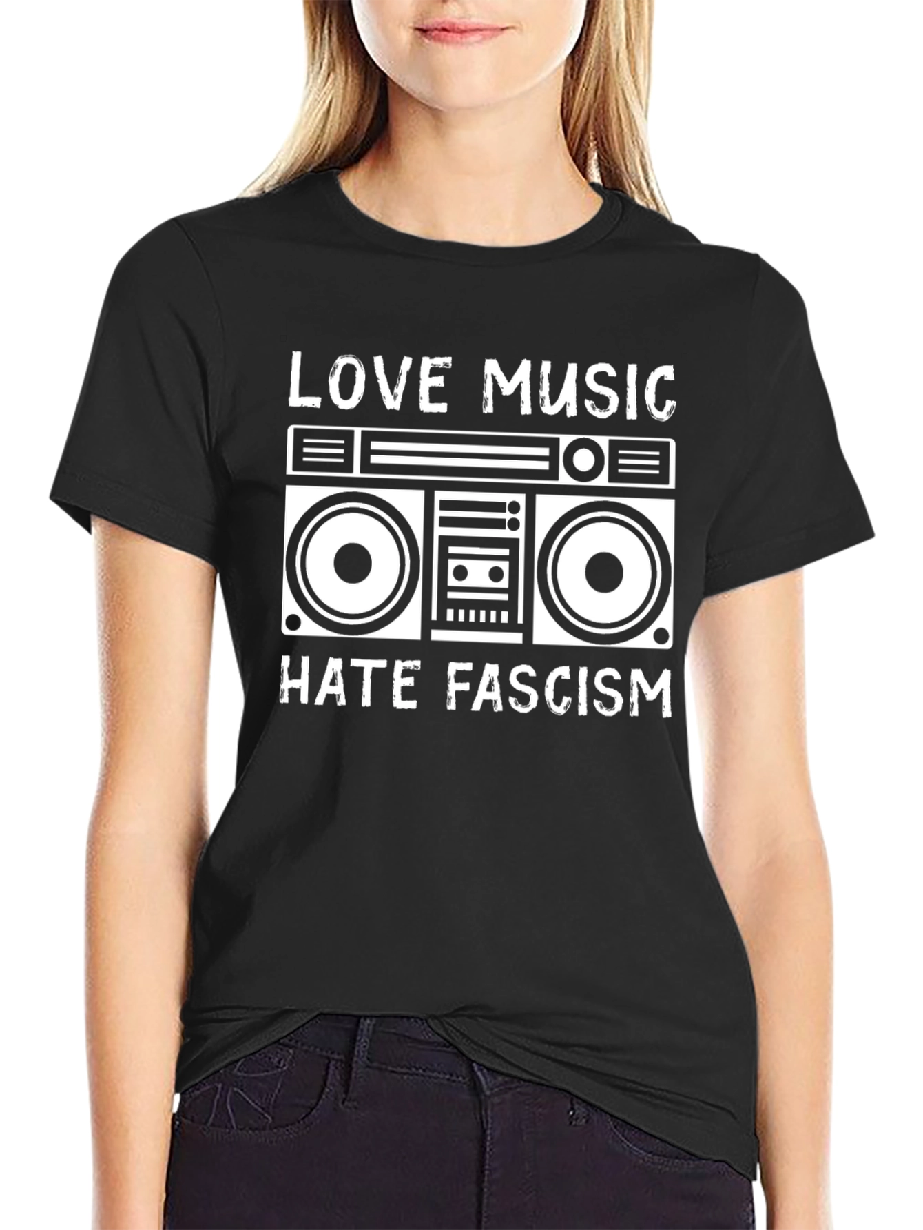 Black Love Music Hate Fascism Boombox Graphic Tee view 2
