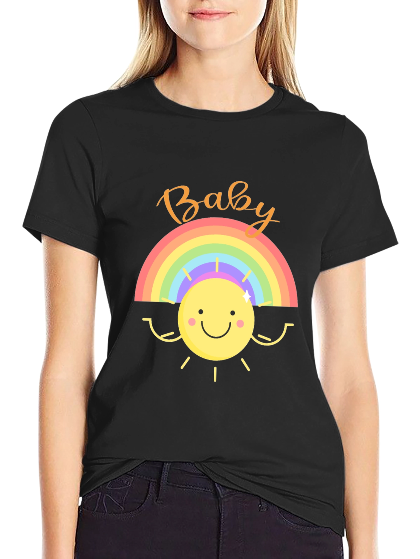 Baby Rainbow Sun Graphic Tee - Black Cotton Shirt - 2