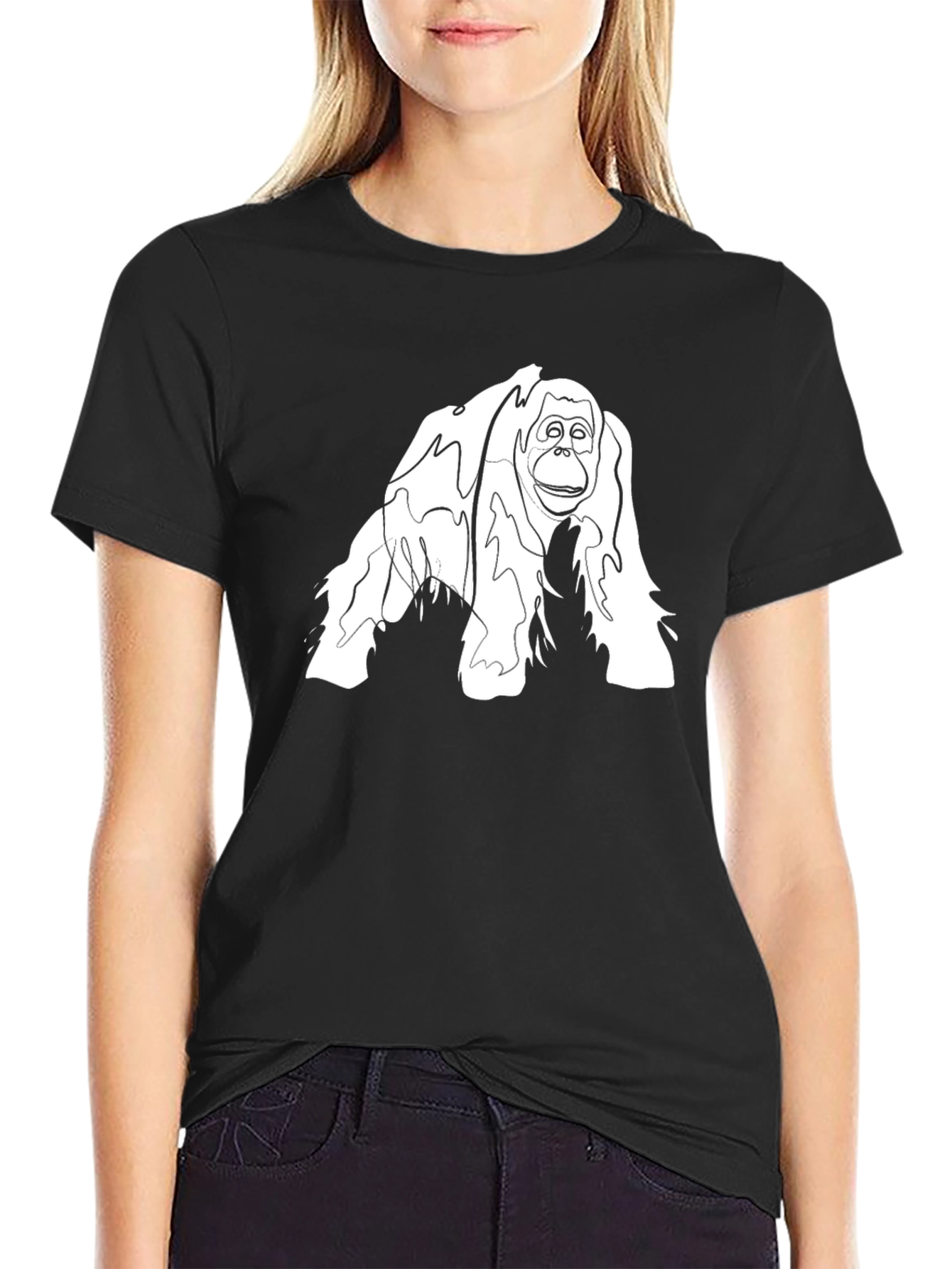 Black Orangutan Line Art Graphic Tee - Black Cotton Blend view 2