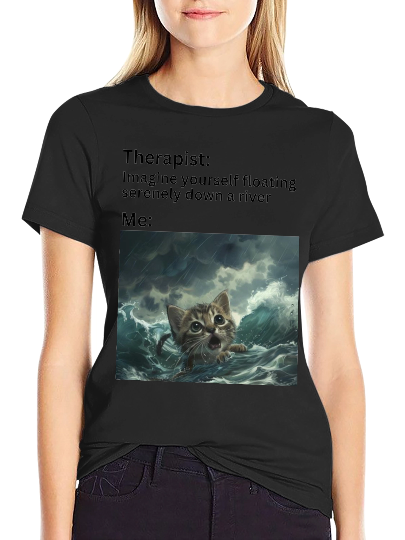 Black Therapist River Cat T-Shirt view 2