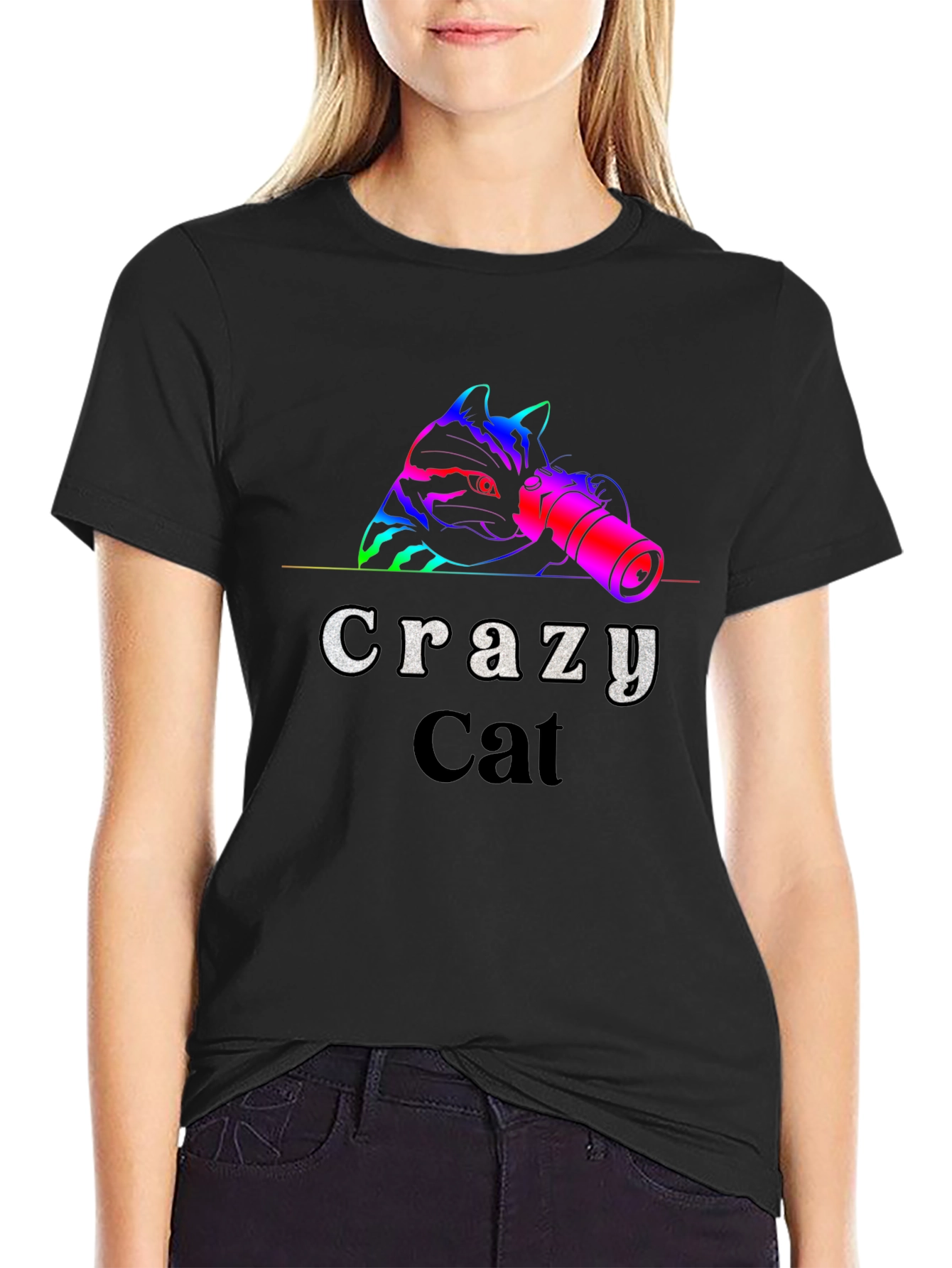 Black Crazy Cat T-Shirt - Novelty Graphic Tee view 2