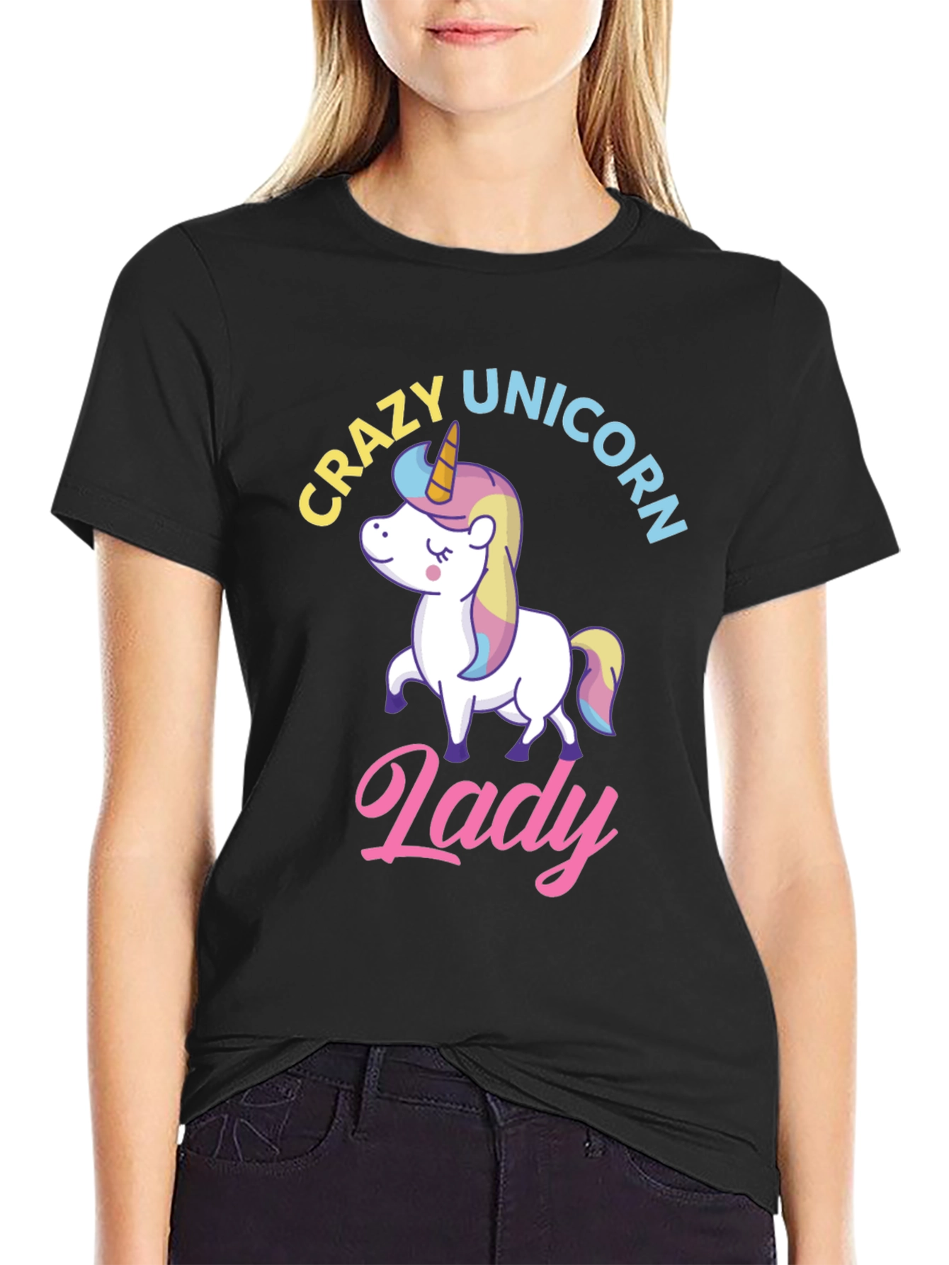 Black Crazy Unicorn Lady T-Shirt - Fun Graphic Tee view 2