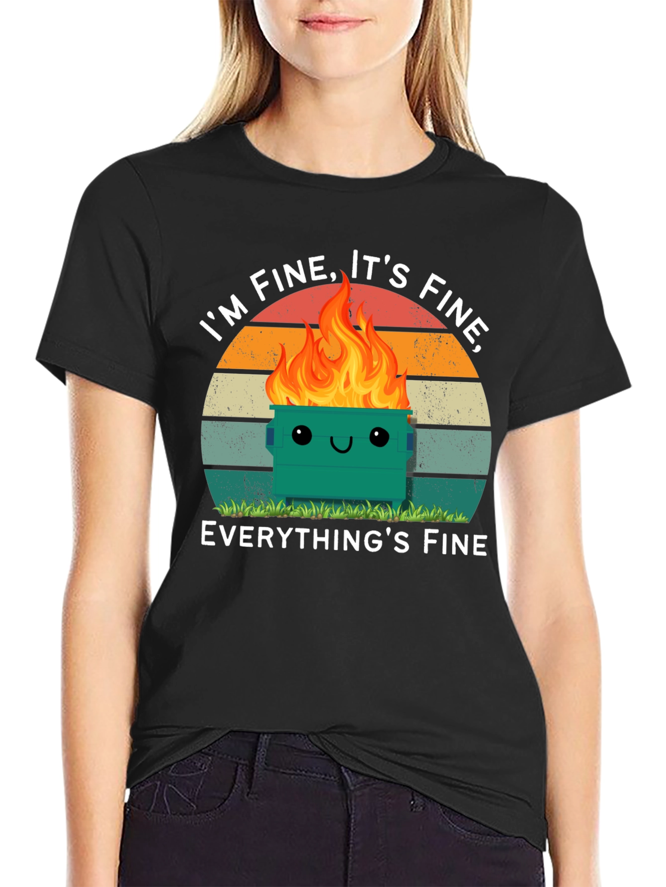 Black I'm Fine Dumpster Fire T-Shirt - Everything's Fine Meme Tee view 2