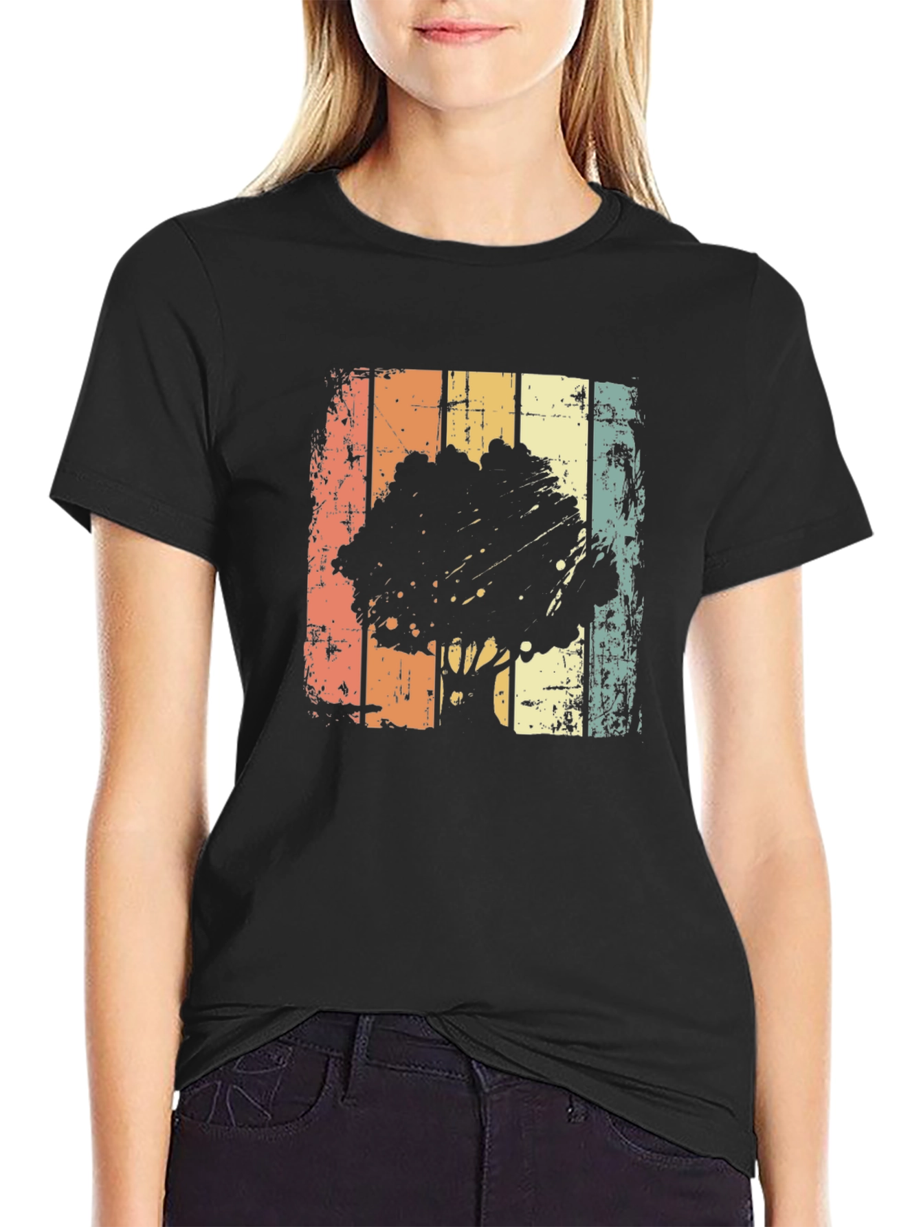 Black Retro Tree Graphic Tee - Vintage Style T-Shirt view 2