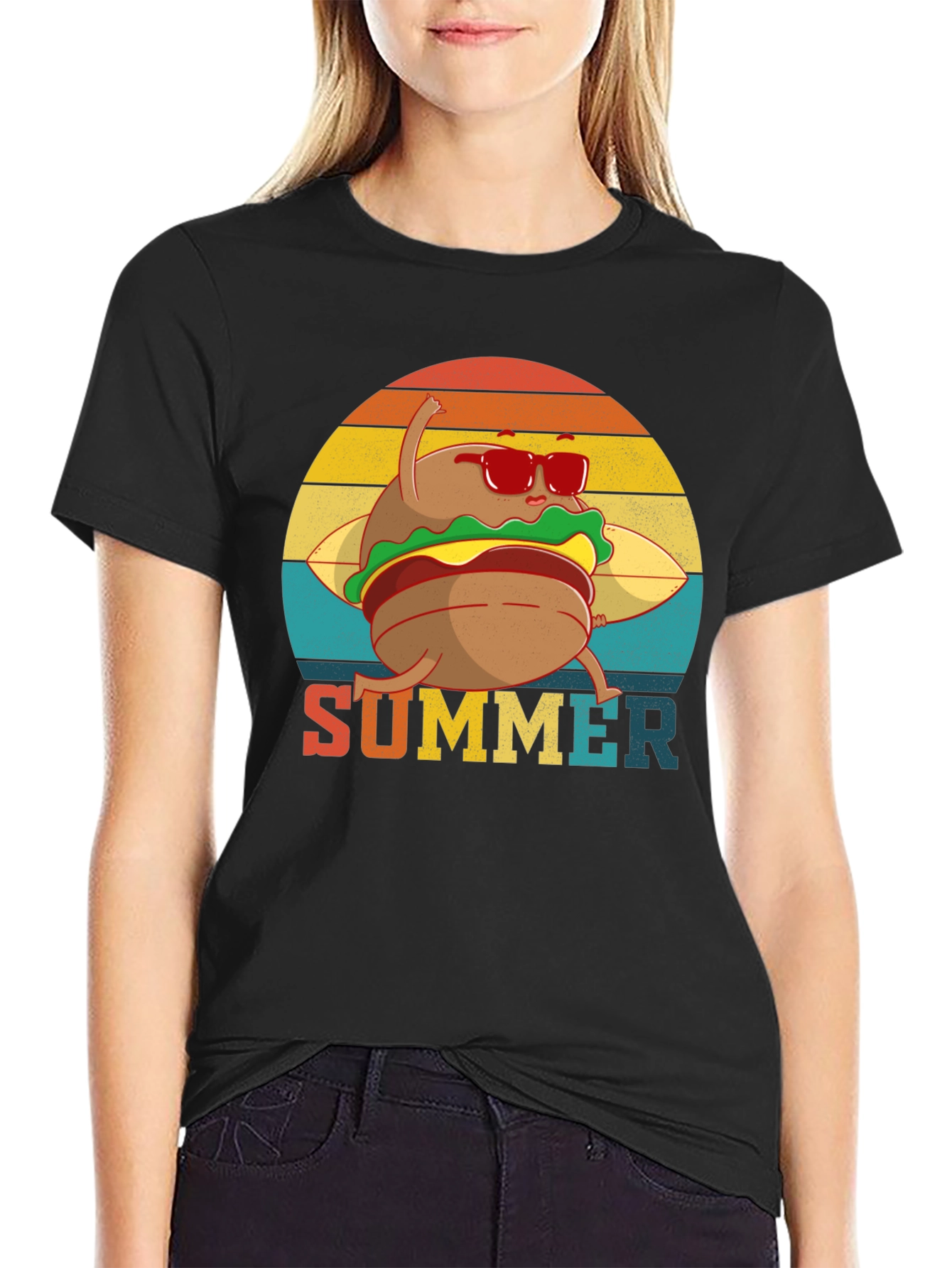 Black Summer Burger Graphic Tee - Black Cotton T-Shirt view 2