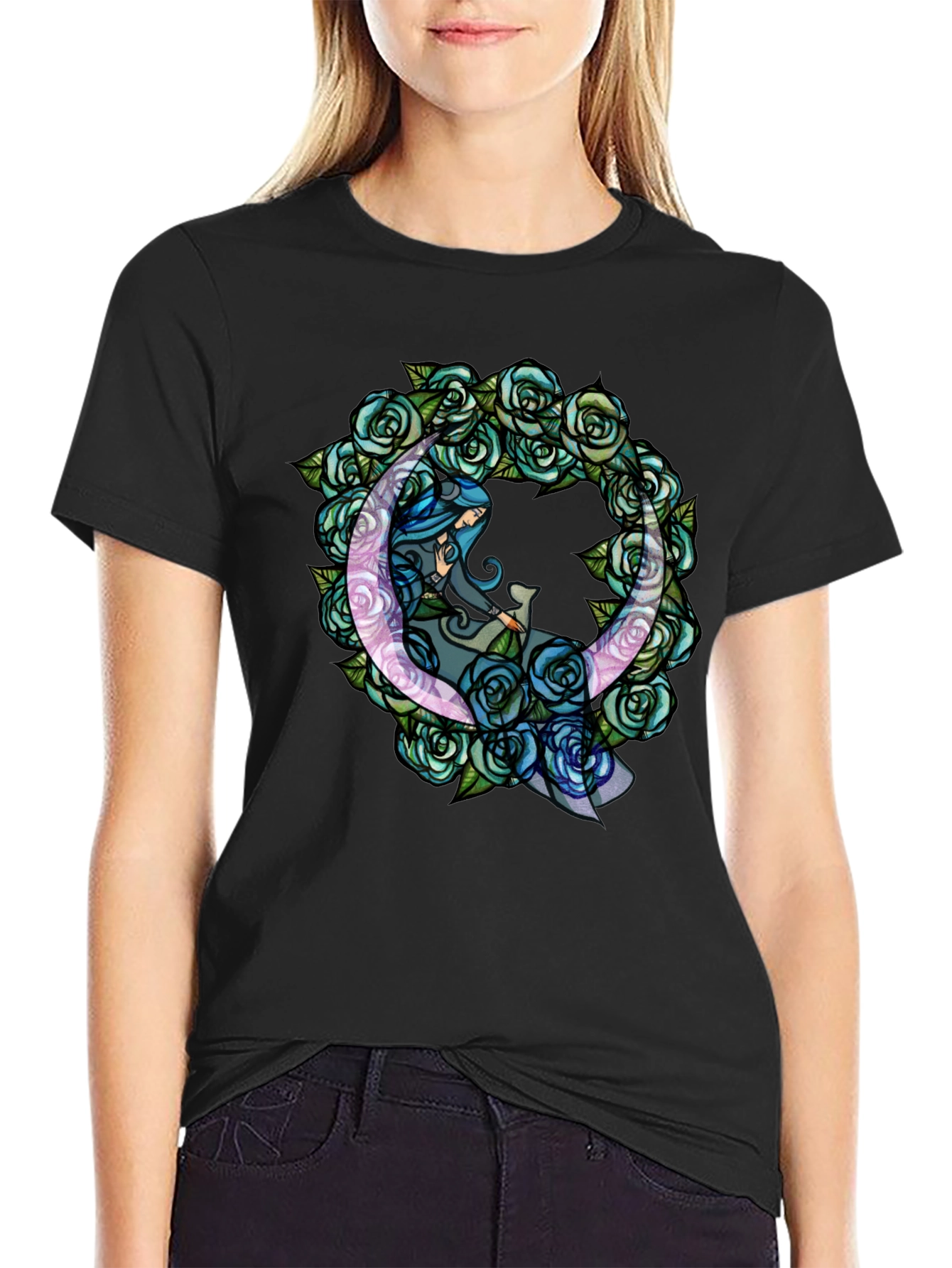 Black Mystic Moon & Roses Graphic T-Shirt - Black view 2