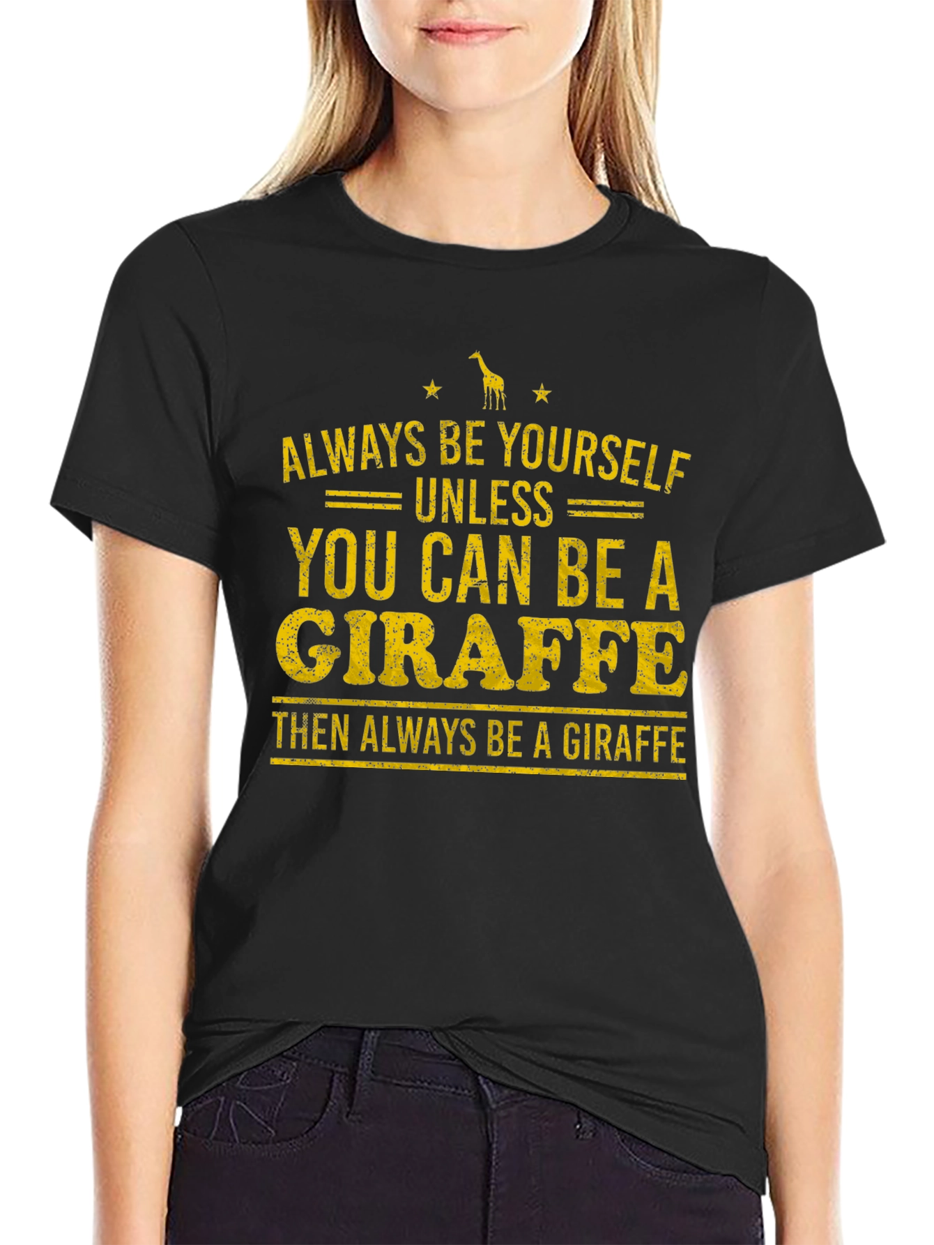 Black Funny Giraffe Graphic Print T-Shirt view 2