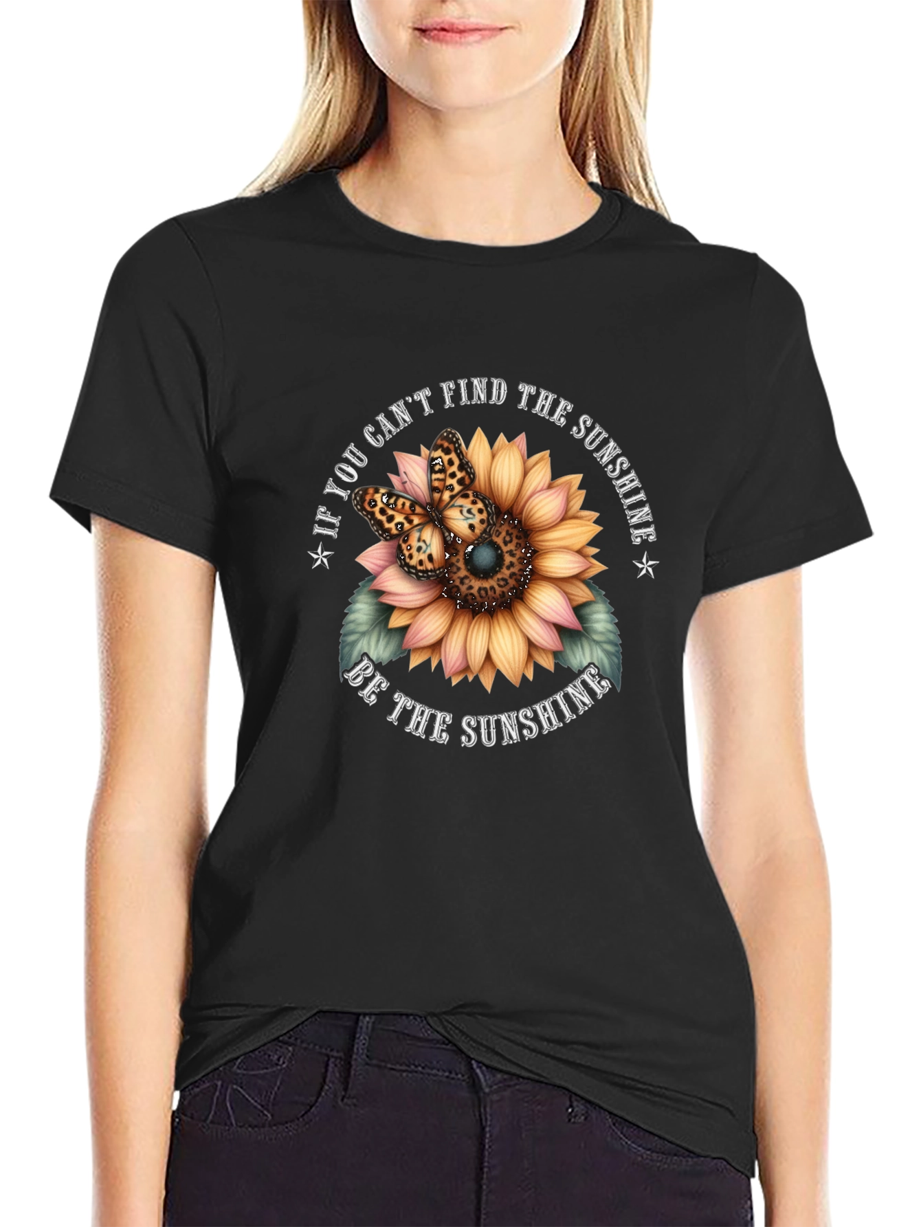 Black Sunflower Butterfly Graphic Tee - Be the Sunshine T-Shirt view 2