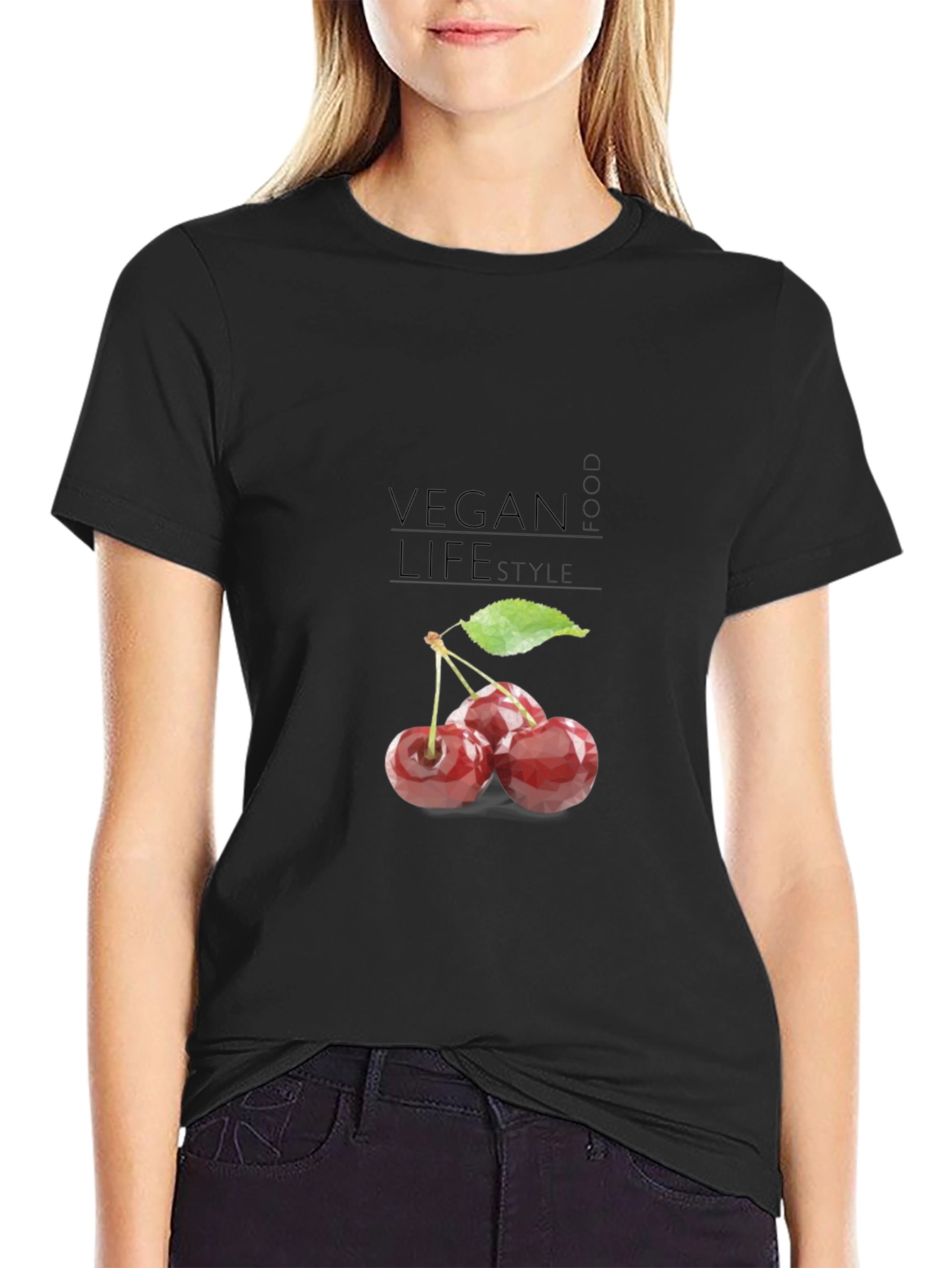 Black Vegan Cherry T-Shirt: Food Lifestyle Tee view 2