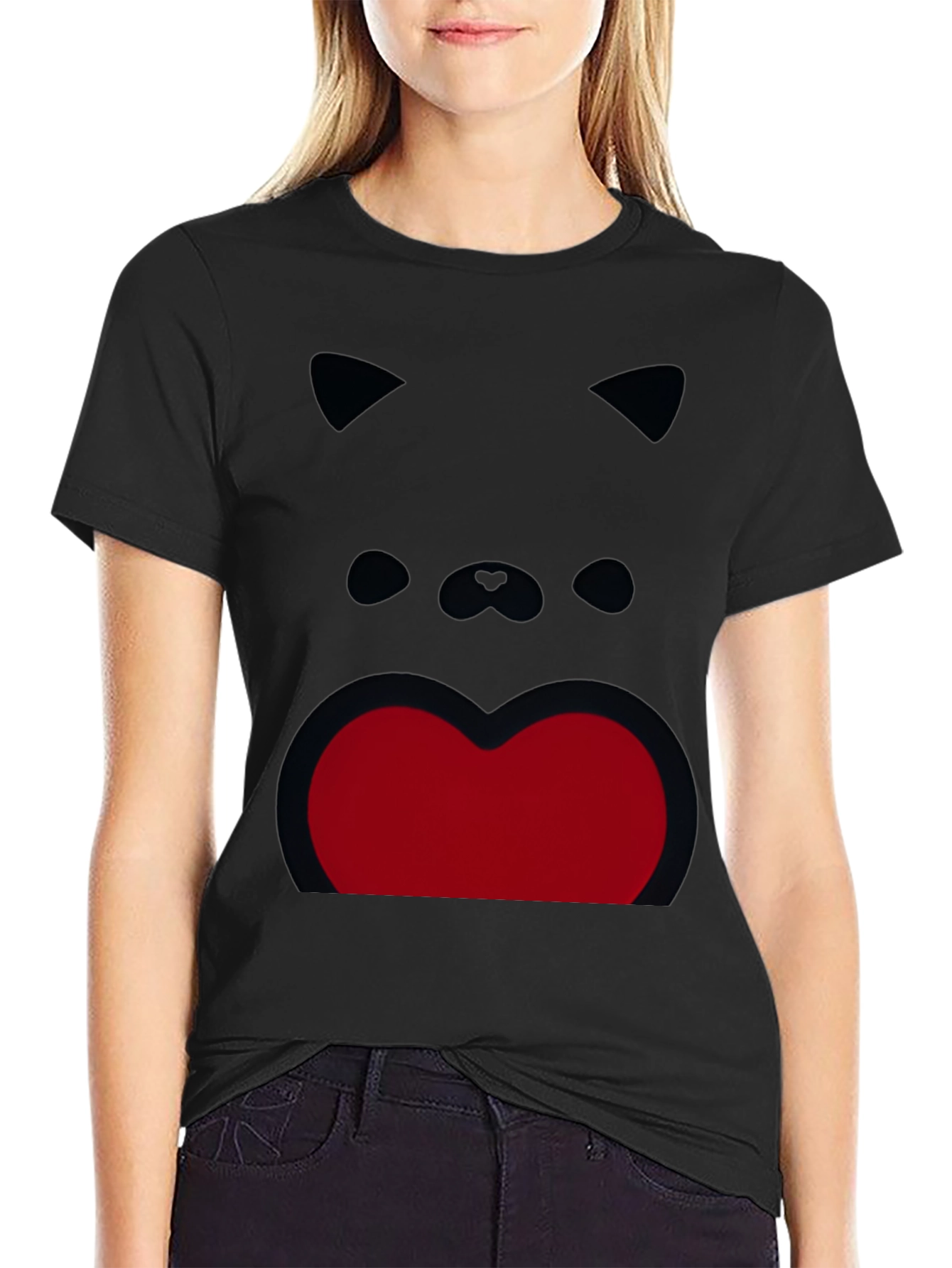 Black Funny Cat Face Graphic Print Black T-Shirt view 2