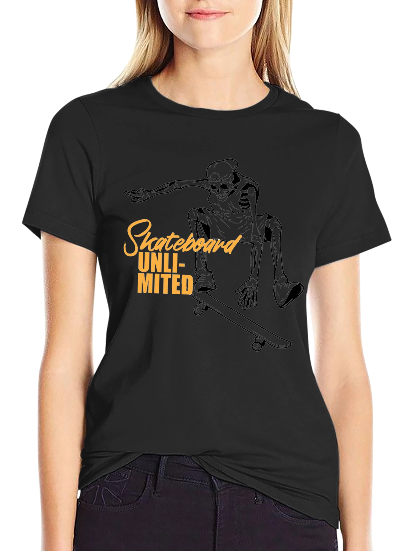 Black Skateboard Unlimited Black T-Shirt - Skeleton Rider Design view 2