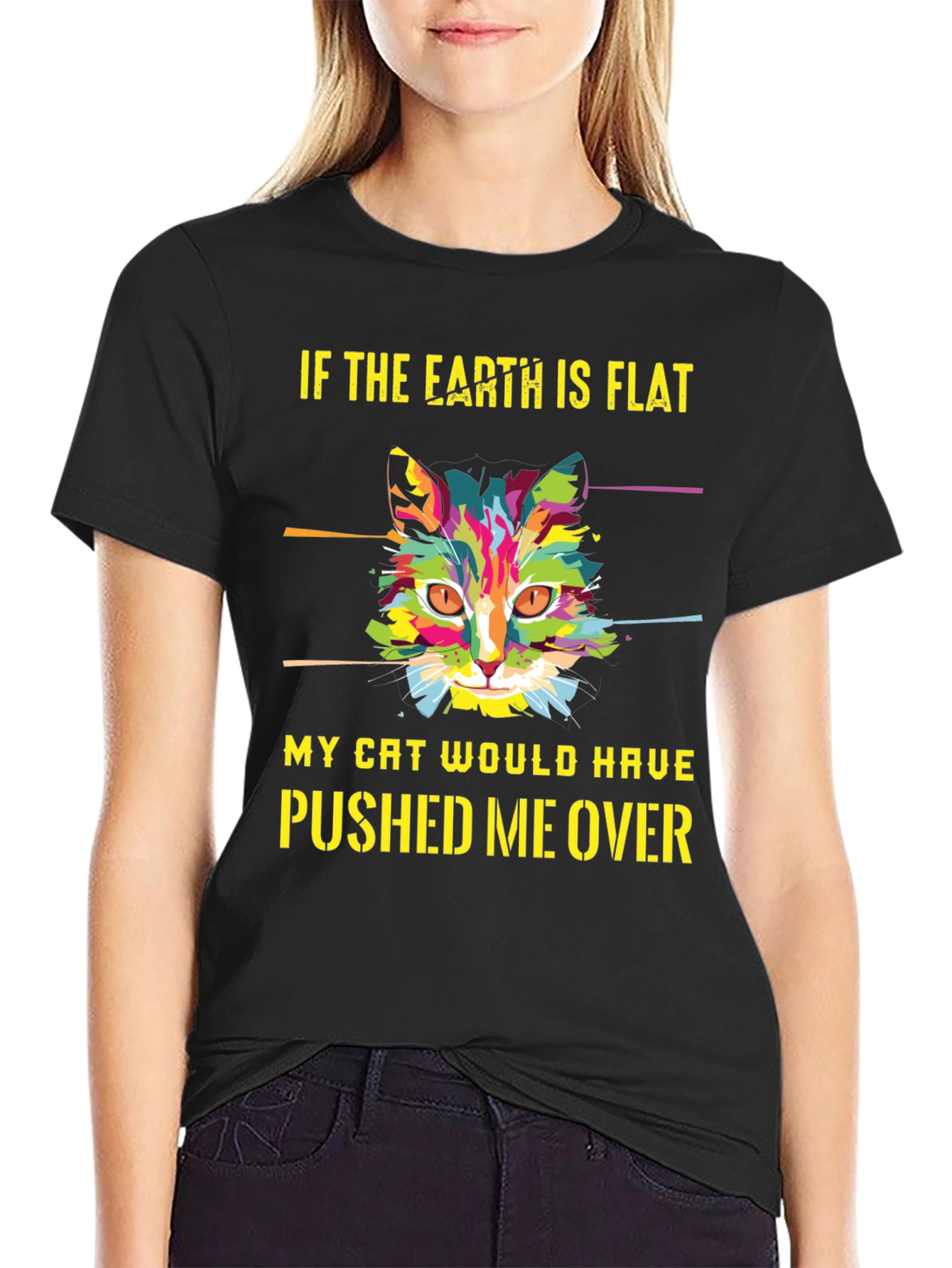 Black Flat Earth Cat T-Shirt - Funny Graphic Tee view 2